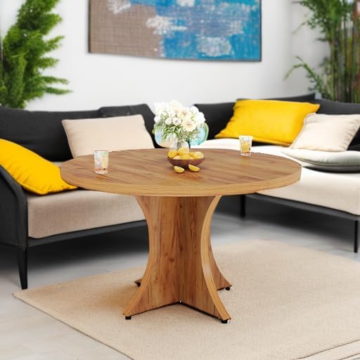 120cm Round Dining Table, Farmhouse Kitchen Table with Pedestal Base for 4-6