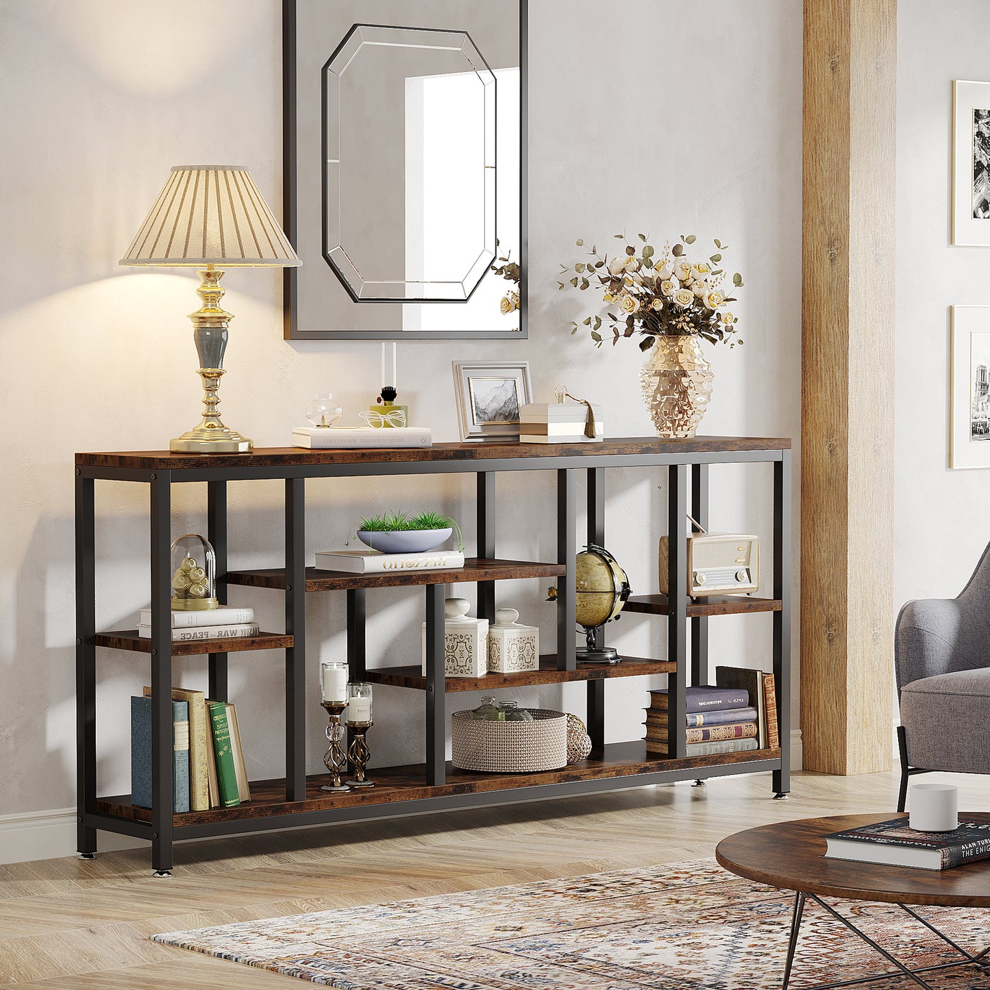 180 cm Console Table, Long Sofa Table with 3-Tier Storage Shelves