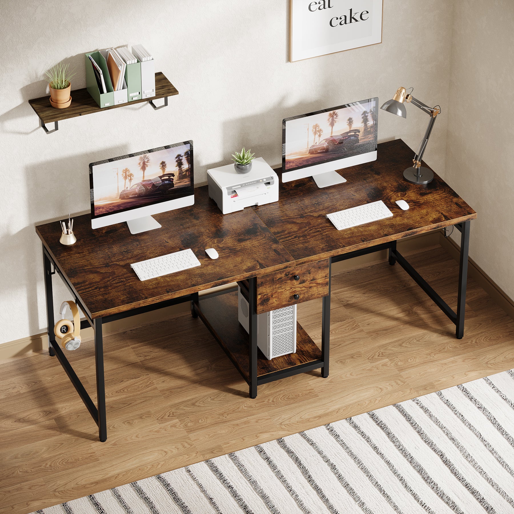 200cm Industrial Two Person Desk with Drawers & Storage Shelf, Double Computer Desk for Home Office