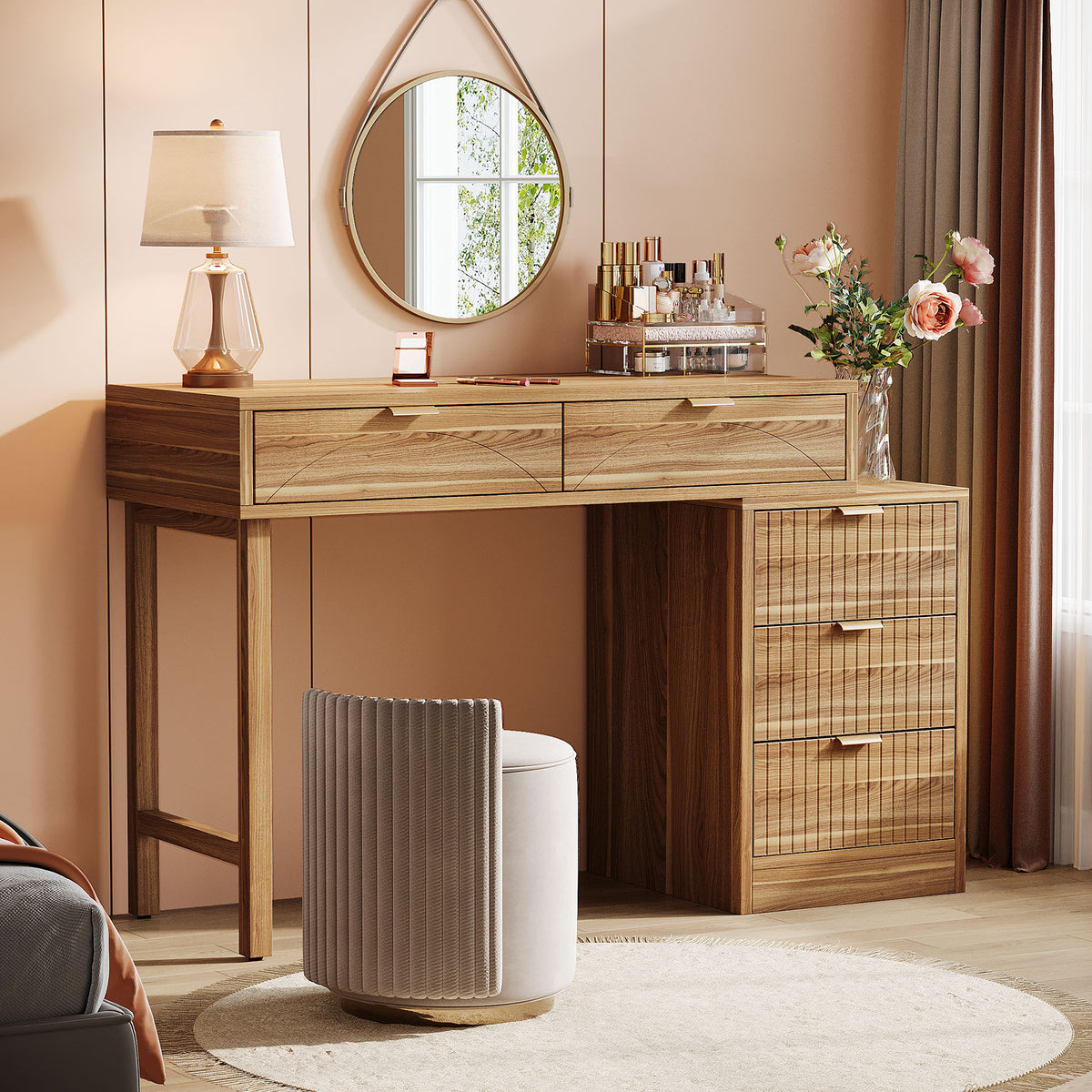 Walnut Brown Vanity Desk with 5 Drawers, Reversible Dressing Table