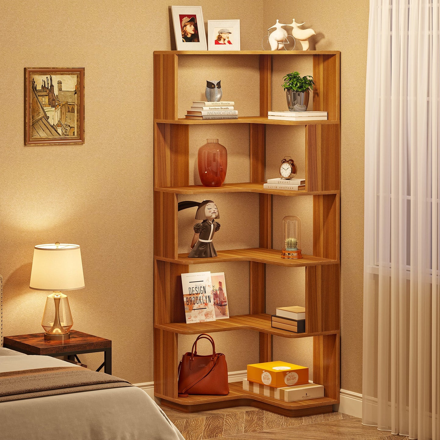 Corner Bookshelf, 6-Tier Corner Bookcase Display Rack Tribesigns