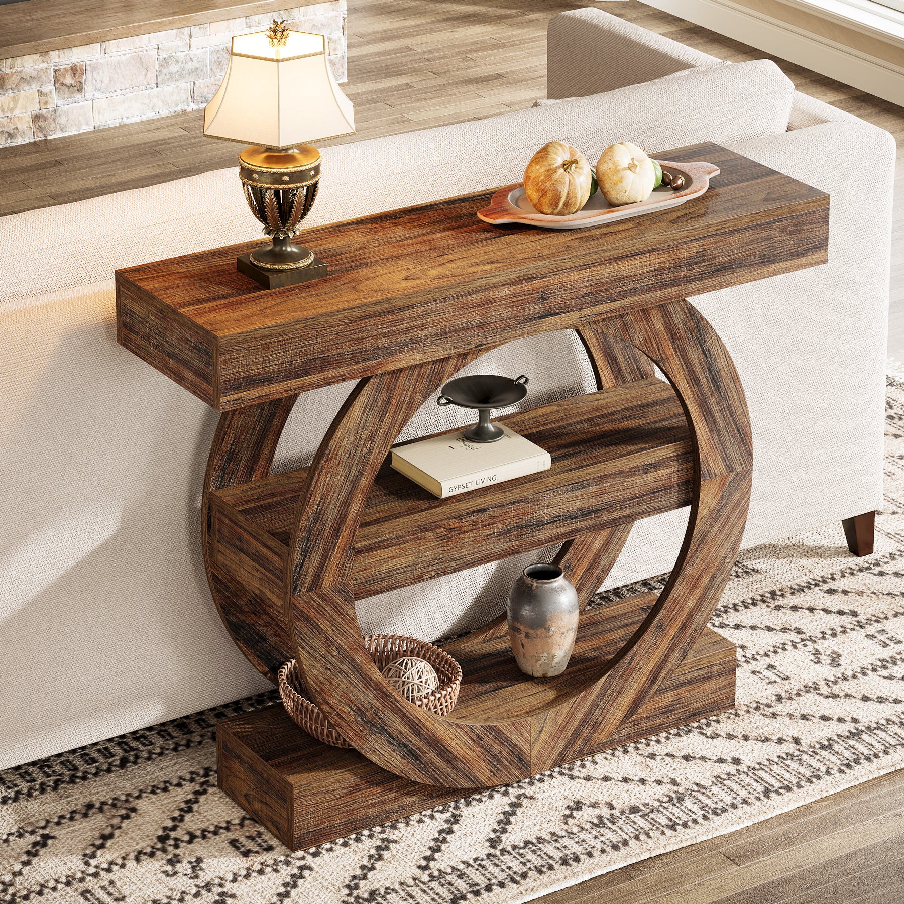 105 cm  Console Table, 3-Tier Sofa Table Accent Console with Circle Base