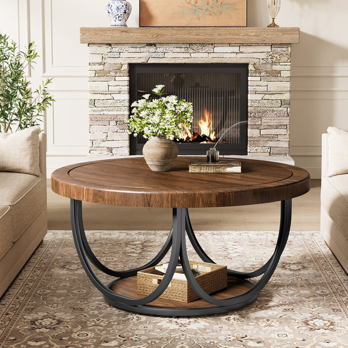 80 cm Round Coffee Table with Storage Shelf, 2-Tier Centre Table with Metal Frame in Industrial Style