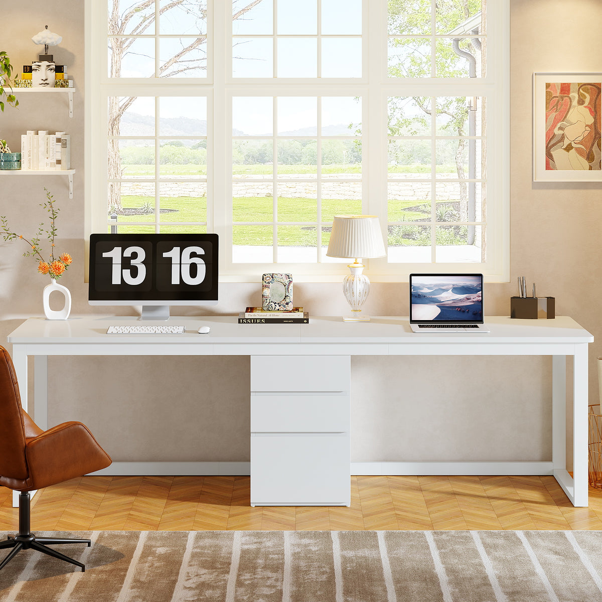 200 cm Double Desk for Two with 3 Drawers, White Home Office Desk