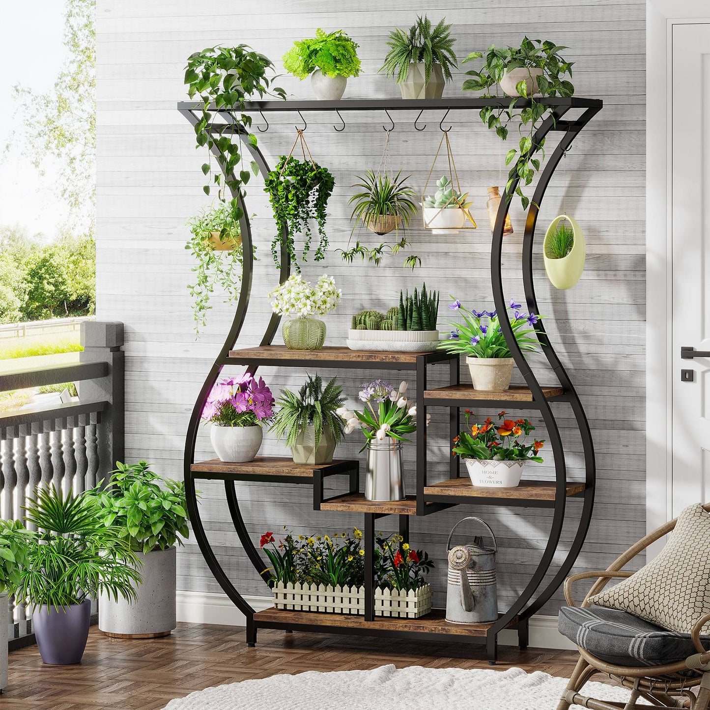 Plant Stand, Vase Shape 6-Tier Plant Display Rack with 10 Hanging Hooks Tribesigns