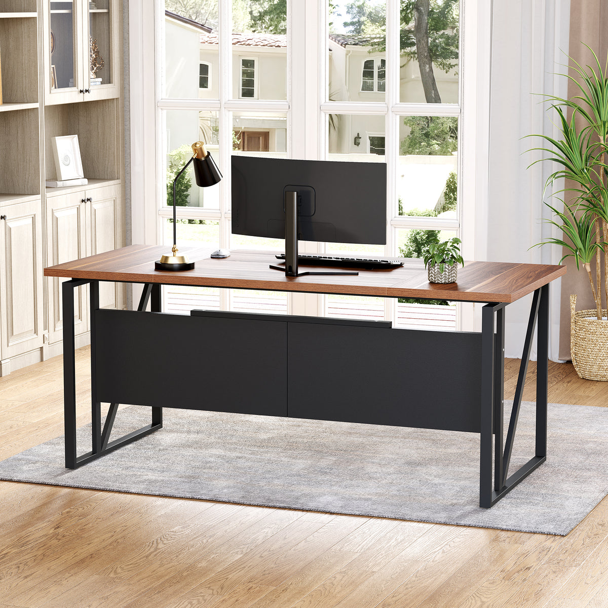 160 cm Computer Desk with Storage Shelf, Rustic Brown Office Desk