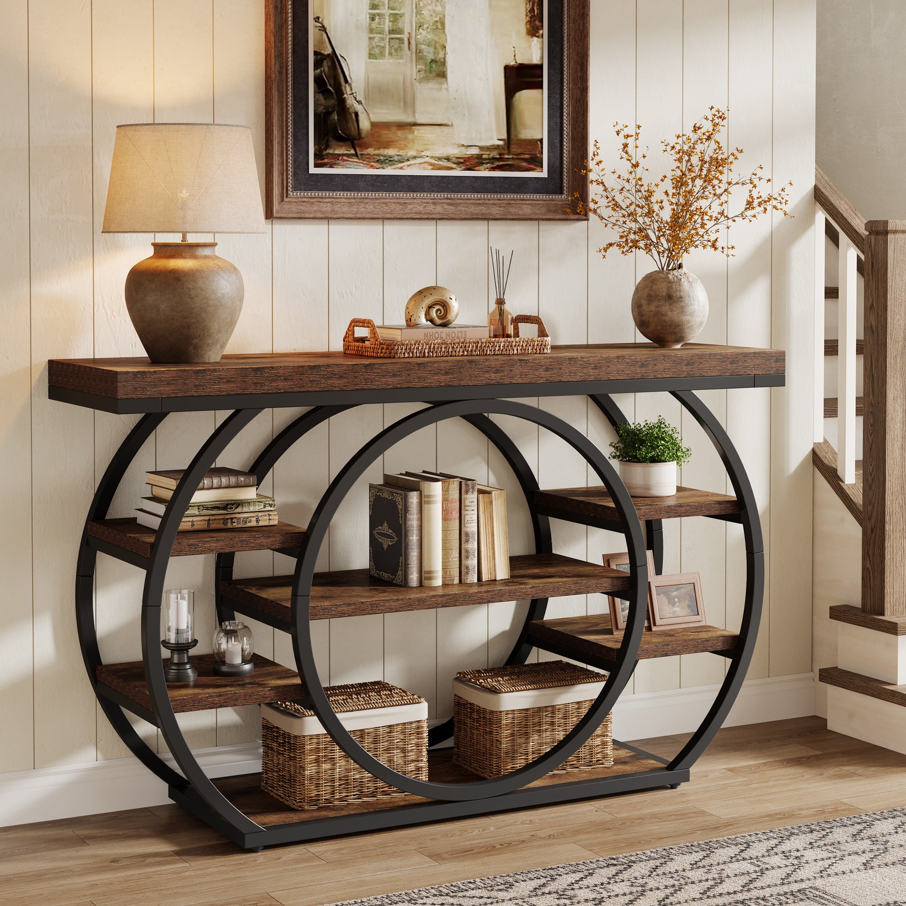 120cm Console Table, 5-Tier Industrial Entryway Table with Metal Frame, Narrow Sofa Table Behind Couch