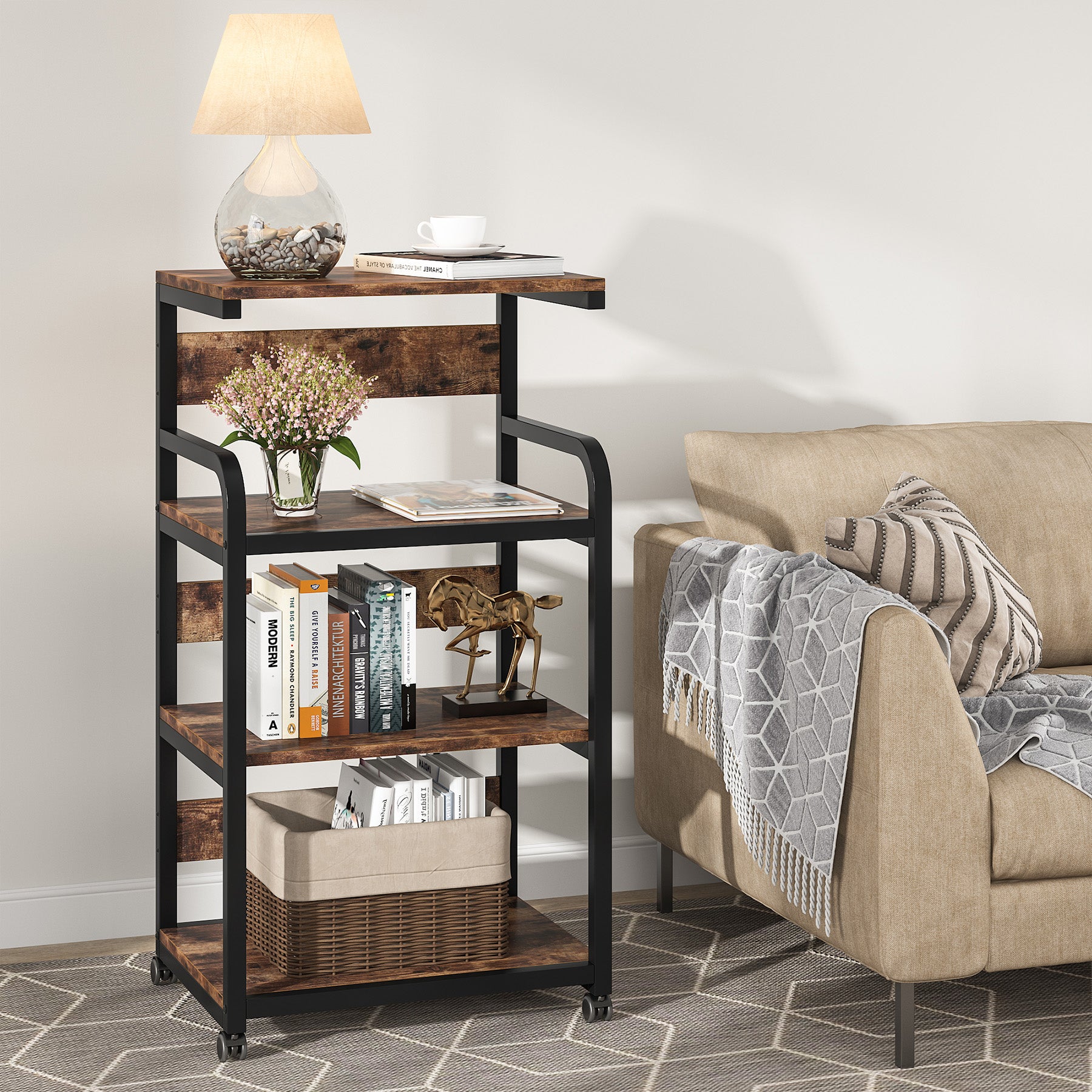 4-Tier Large Printer Stand with Storage Shelves, Mobile Storage Cart with Wheels
