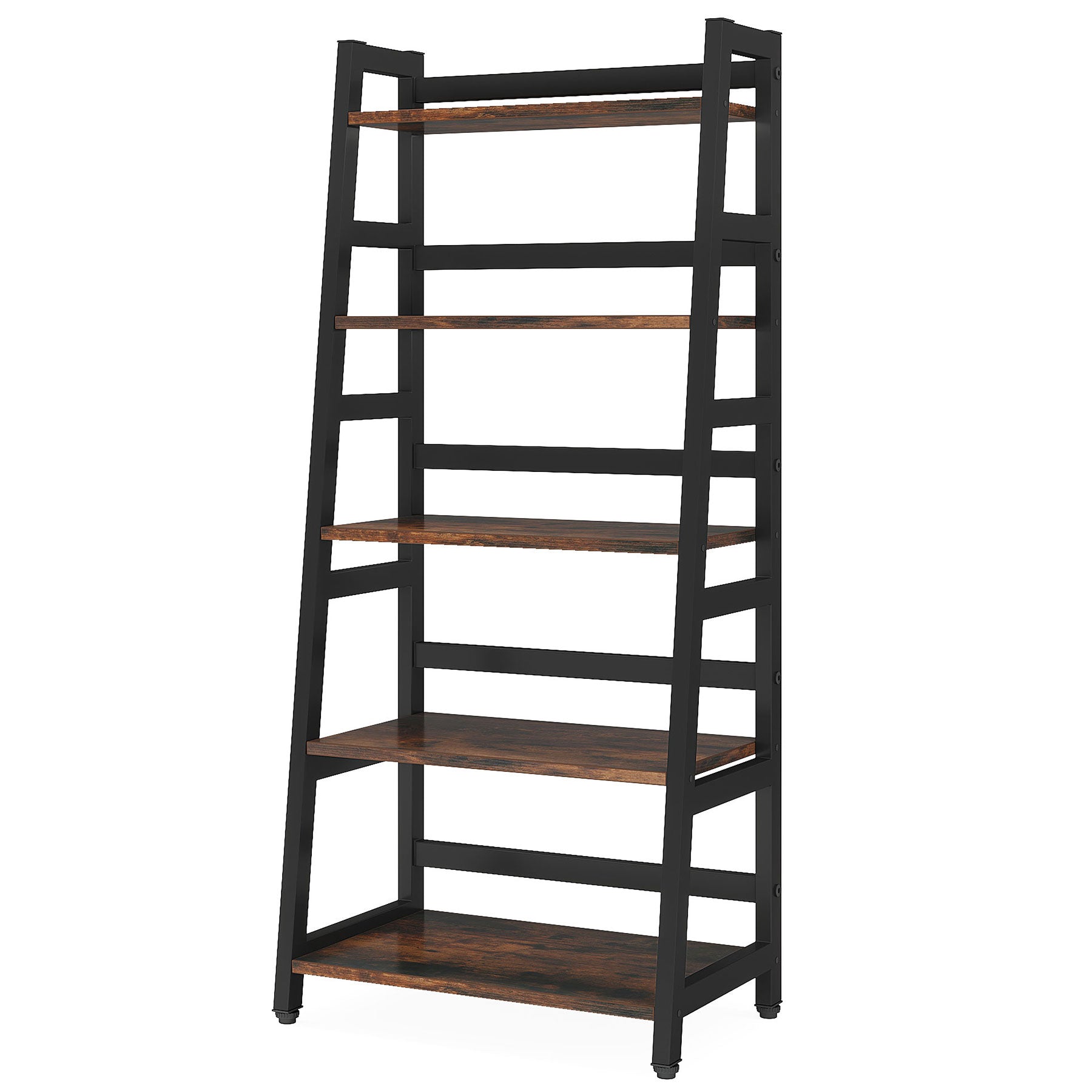 144 cm Industrial 5-Tier Bookshelf, Rustic Wood Ladder Shelf Bookcase with Metal Frame