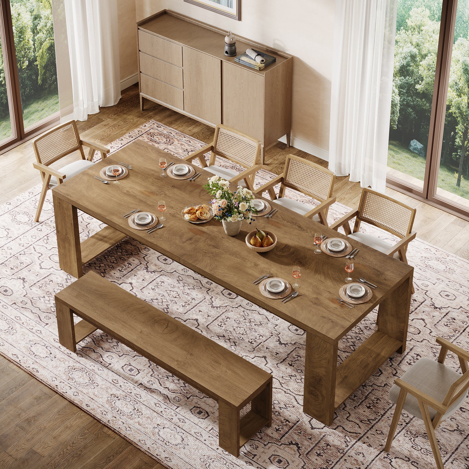 220cm Farmhouse Dining Table for 6–8 People, Rectangular Kitchen Table with Solid Wood Pedestal Base