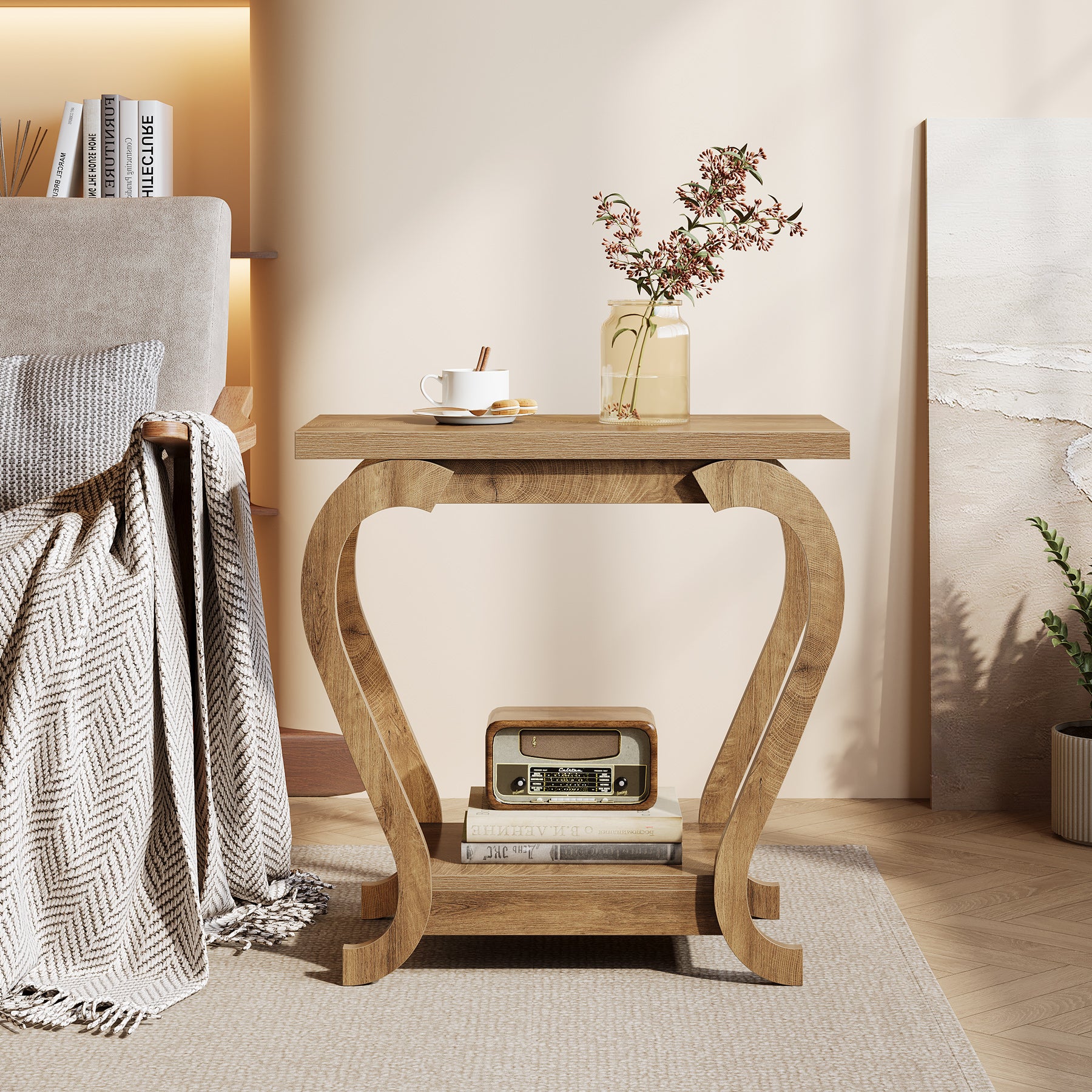 2-Tier Narrow Side Table with Storage Shelf, Rustic End Table for Living Room & Bedroom