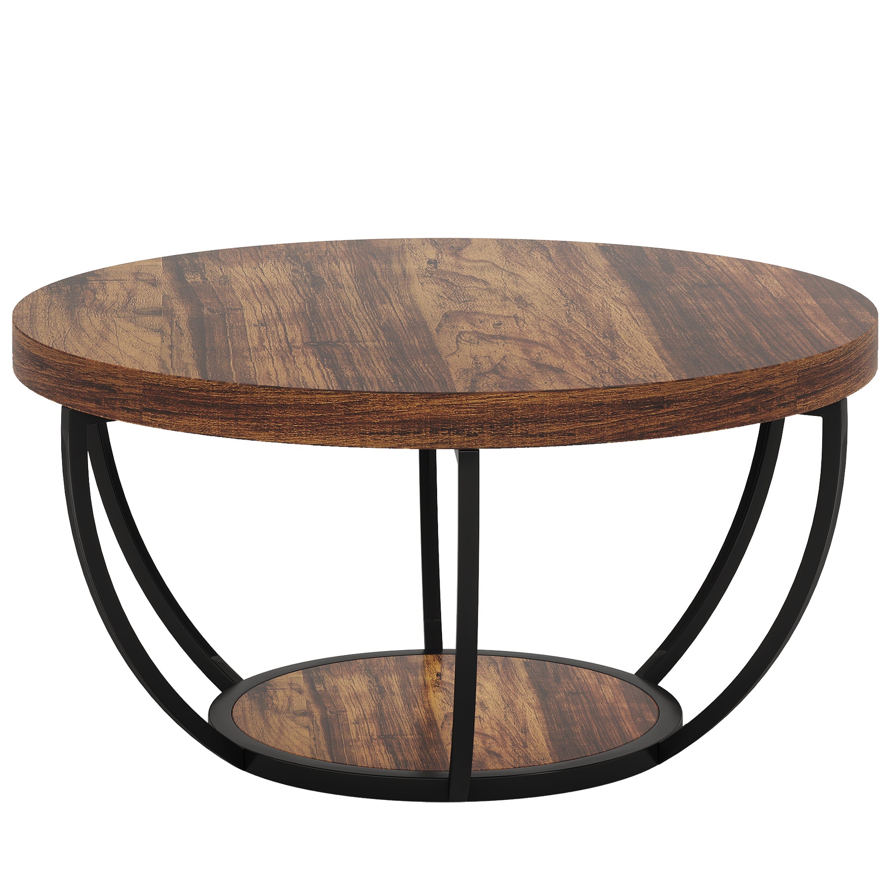 Round Wooden Coffee Table with 2-Tier Shelves