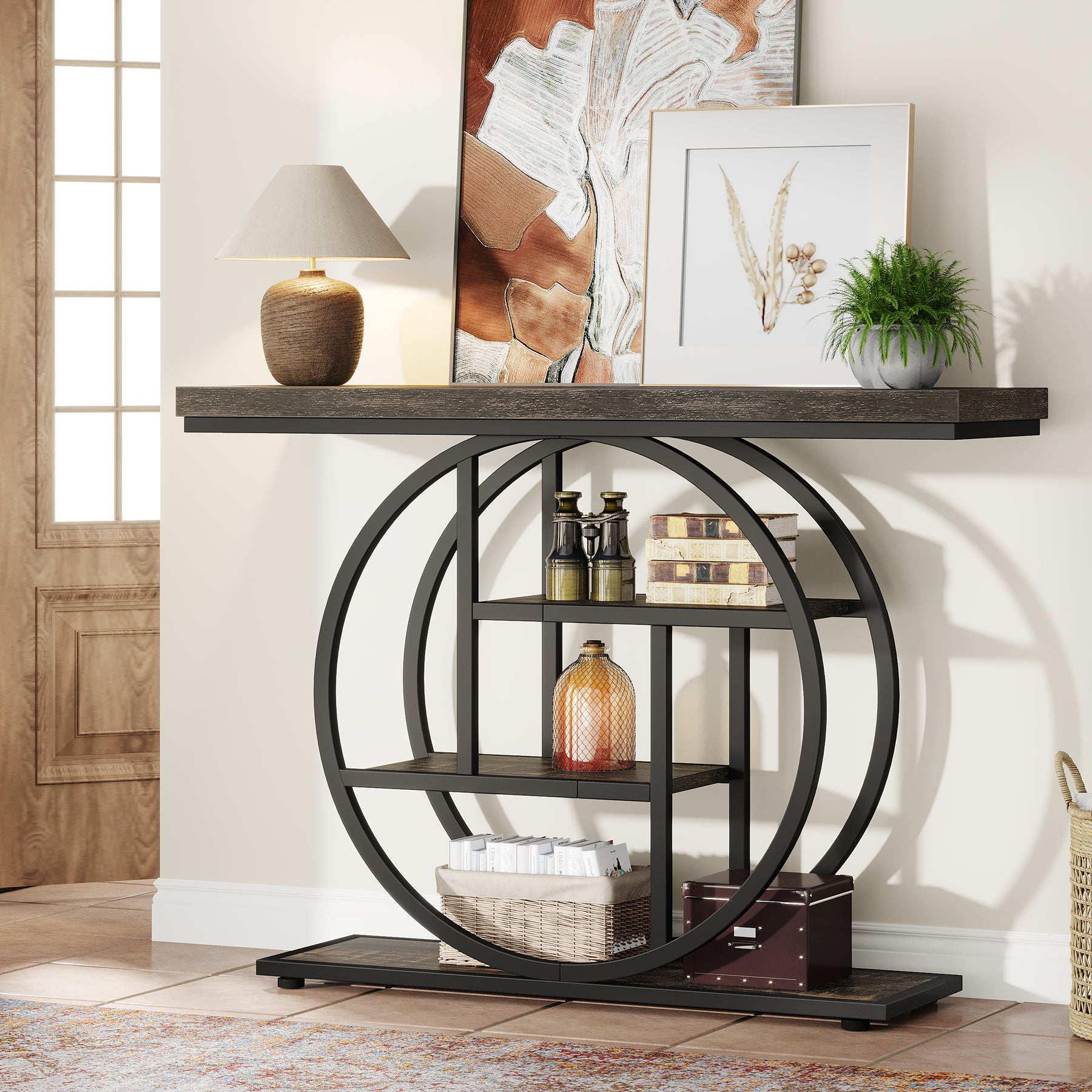 105cm Console Table, Industrial 4-Tier Sofa Entryway Table with Circle Base