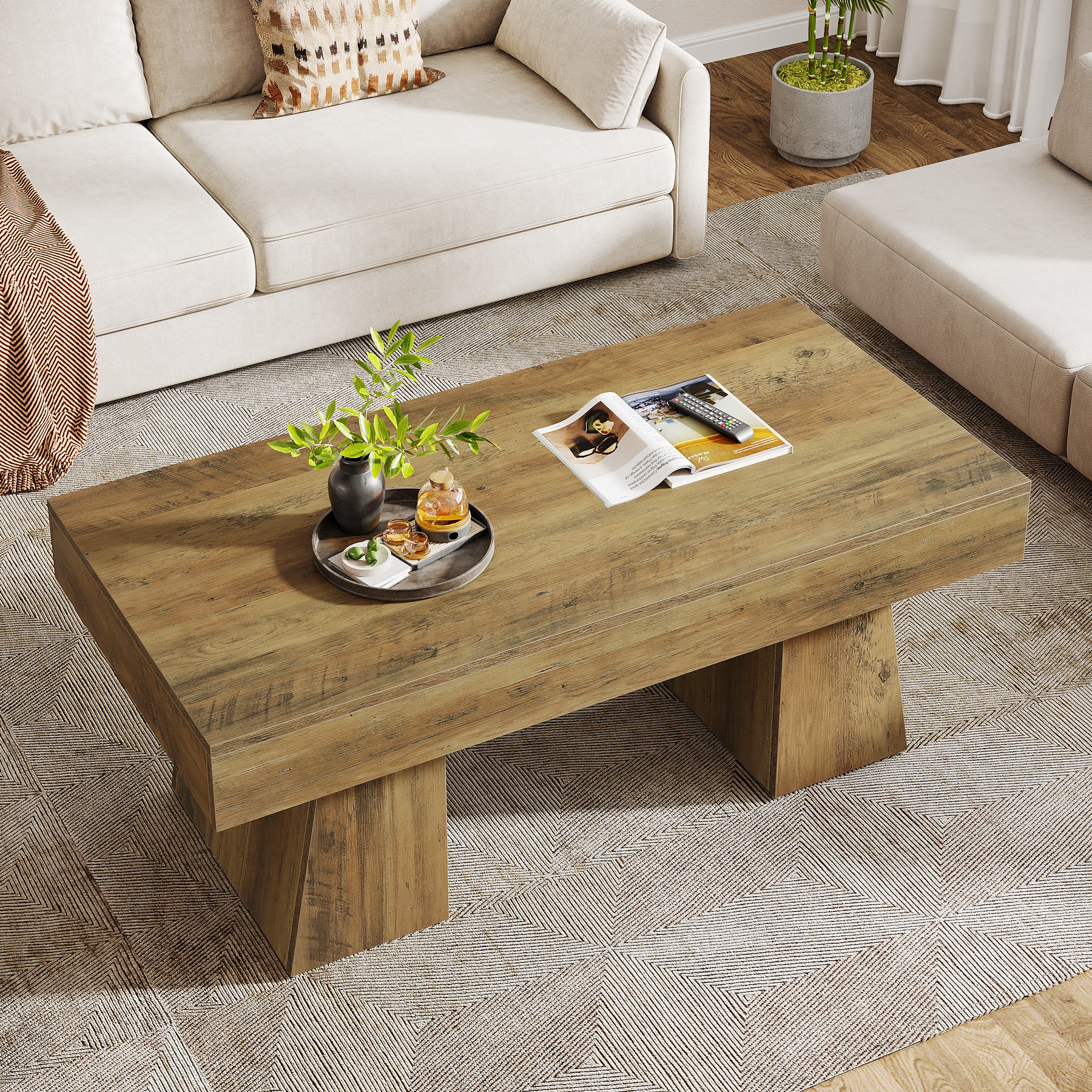 120cm Farmhouse Coffee Table, Rectangular Wooden Centre Table for Living Room