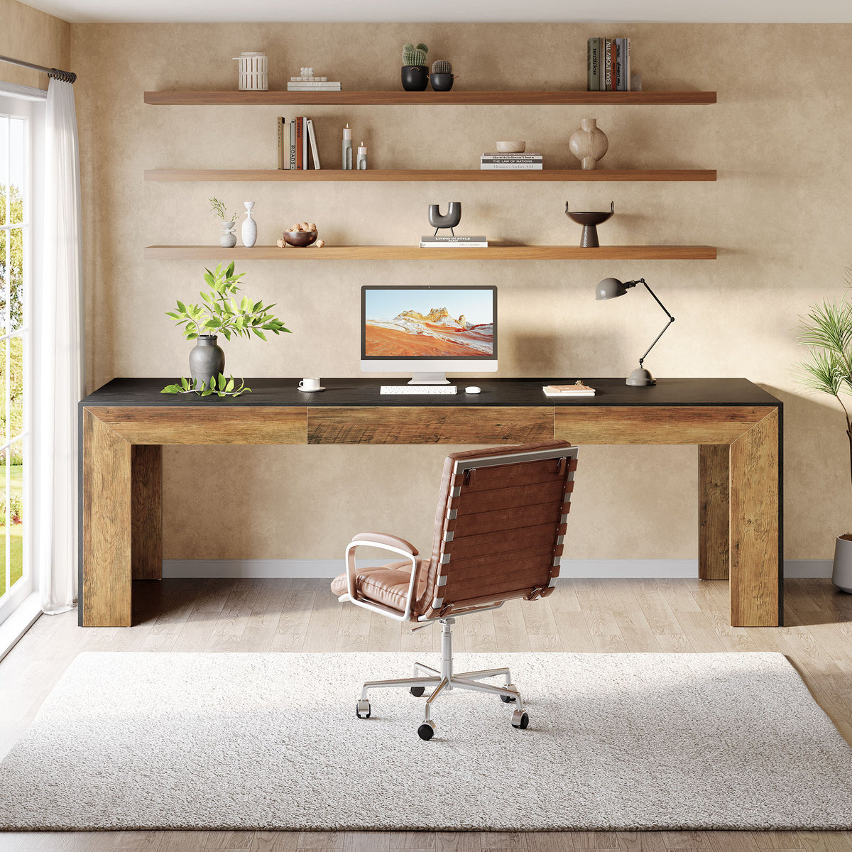 200 cm Office Desk, Rustic Brown and Black Computer Desk