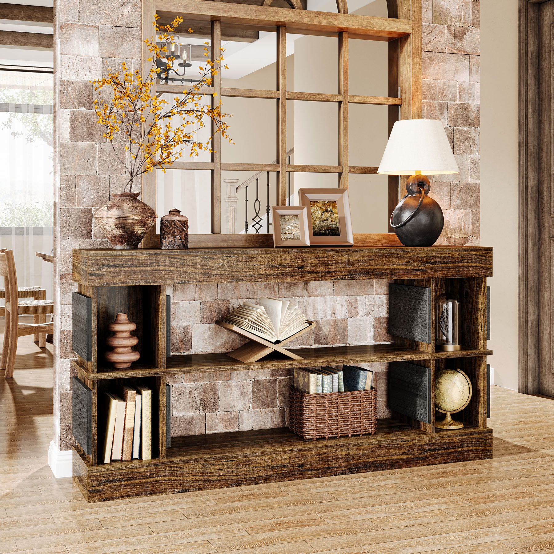 160cm Farmhouse 3-Tier Console Table with 4 Storage Compartments, Long Wooden Entryway & Sofa Table