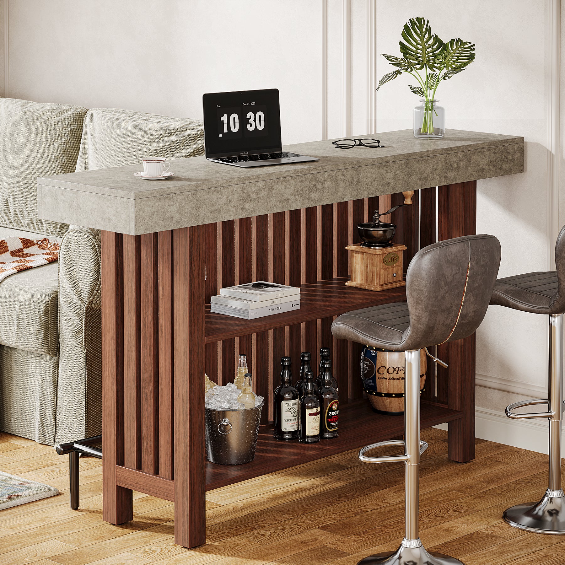 160cm Counter Height Bar Table with Footrest, 2-Tier Storage Pub Table for Kitchen and Living Room