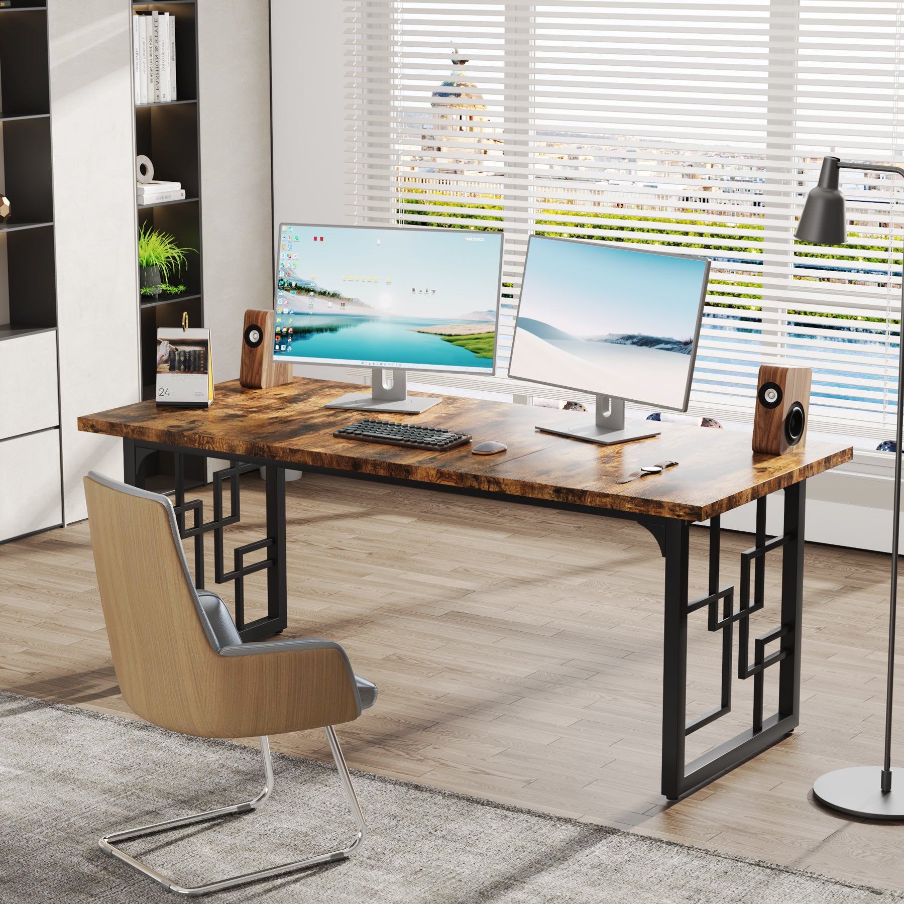160cm Large Executive Desk with Wooden Top and Metal Legs, Industrial Computer Desk for Home Office