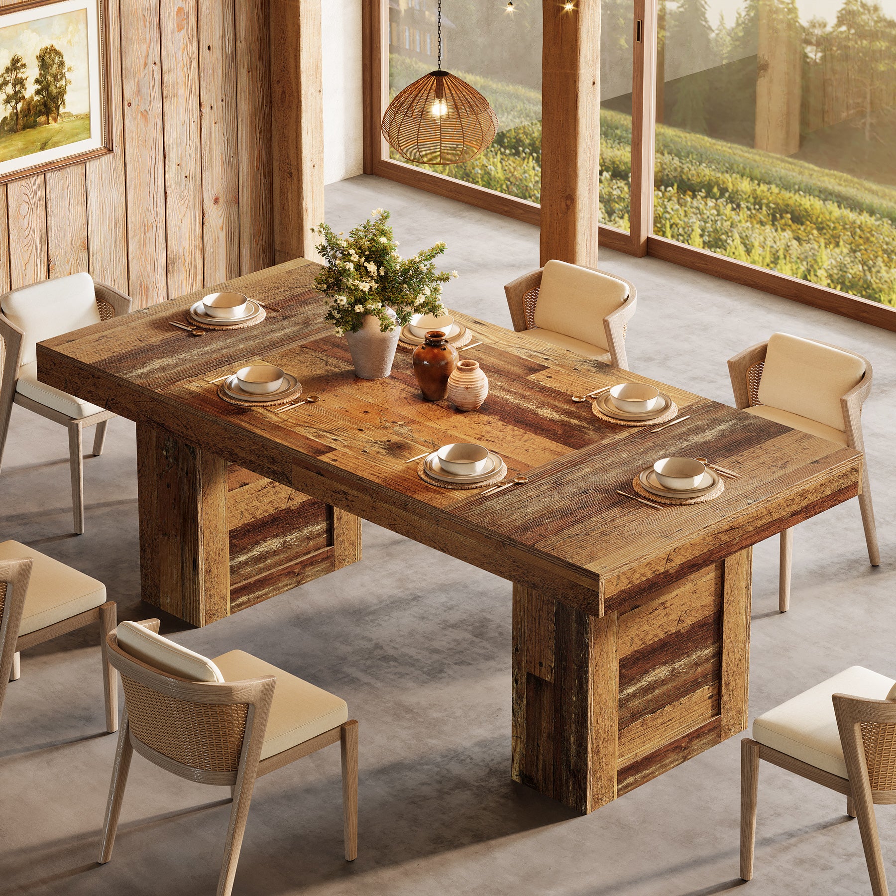 160 cm Farmhouse Dining Table for 6–8, Rectangular Wooden Kitchen Table with Heavy-Duty Legs