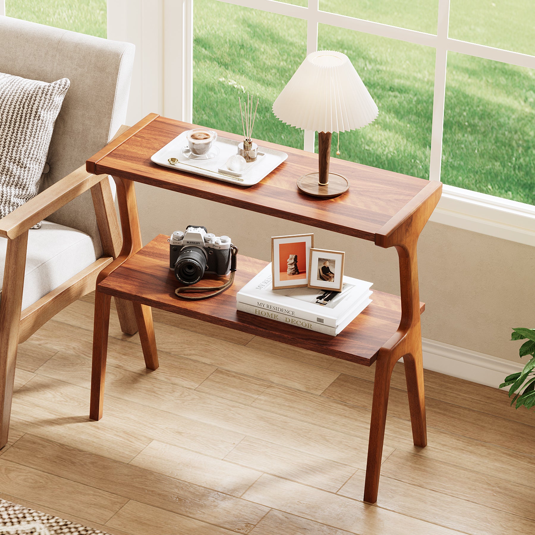 2-Tier Wood End Table, Farmhouse Couch Side Table with Storage Shelves