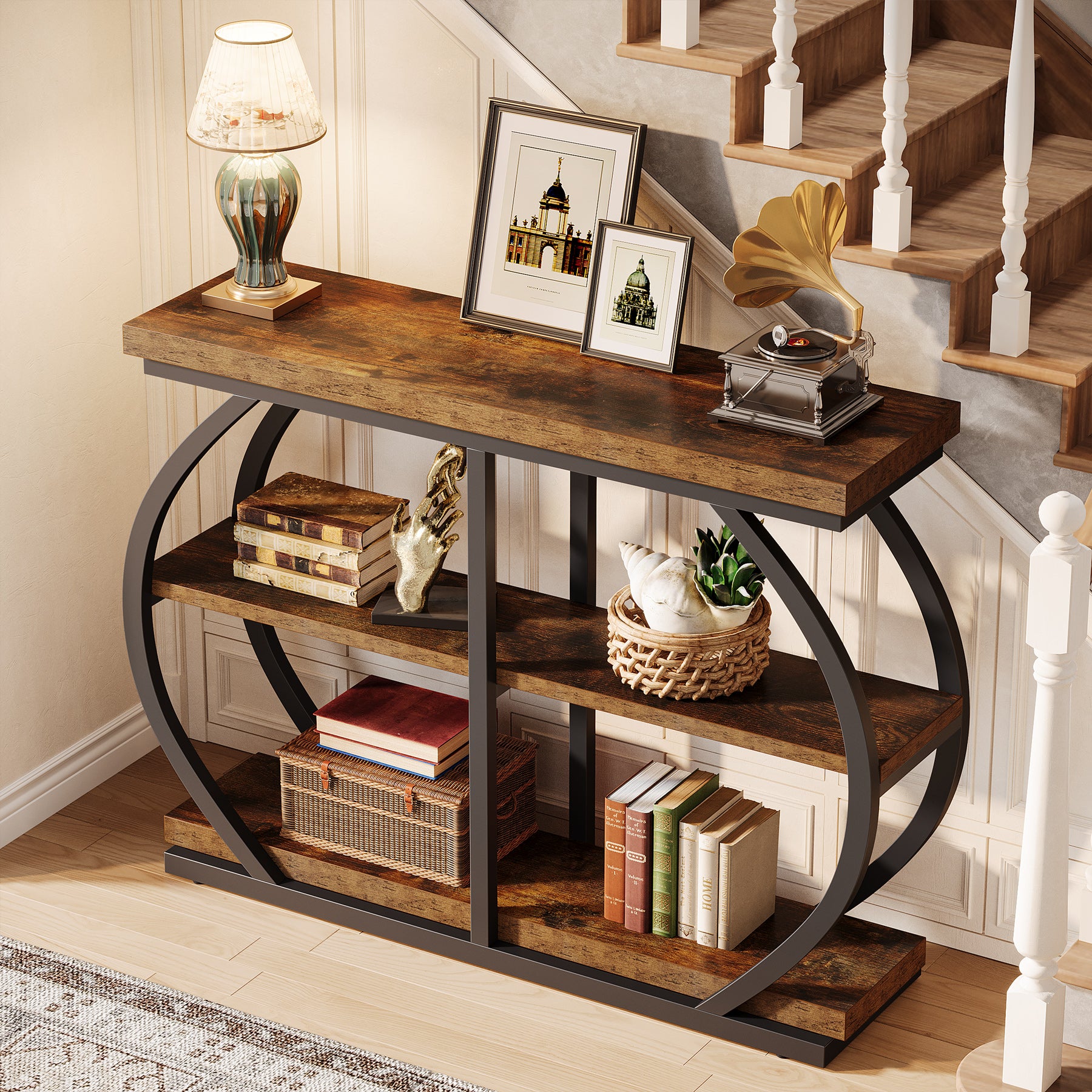 105 cm Industrial 3-Tier Console Table with Metal Frame, Entryway & Hallway Storage Table