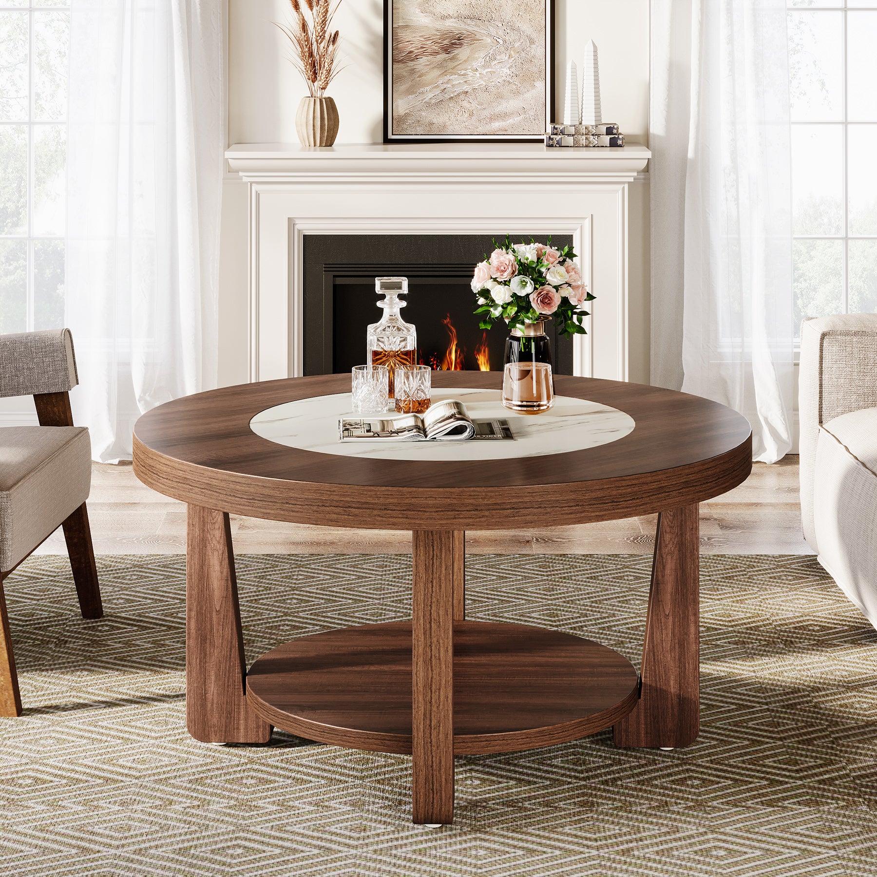 2-Tier Coffee Table, Round Accent Center Table with Heavy-Duty Tabletop