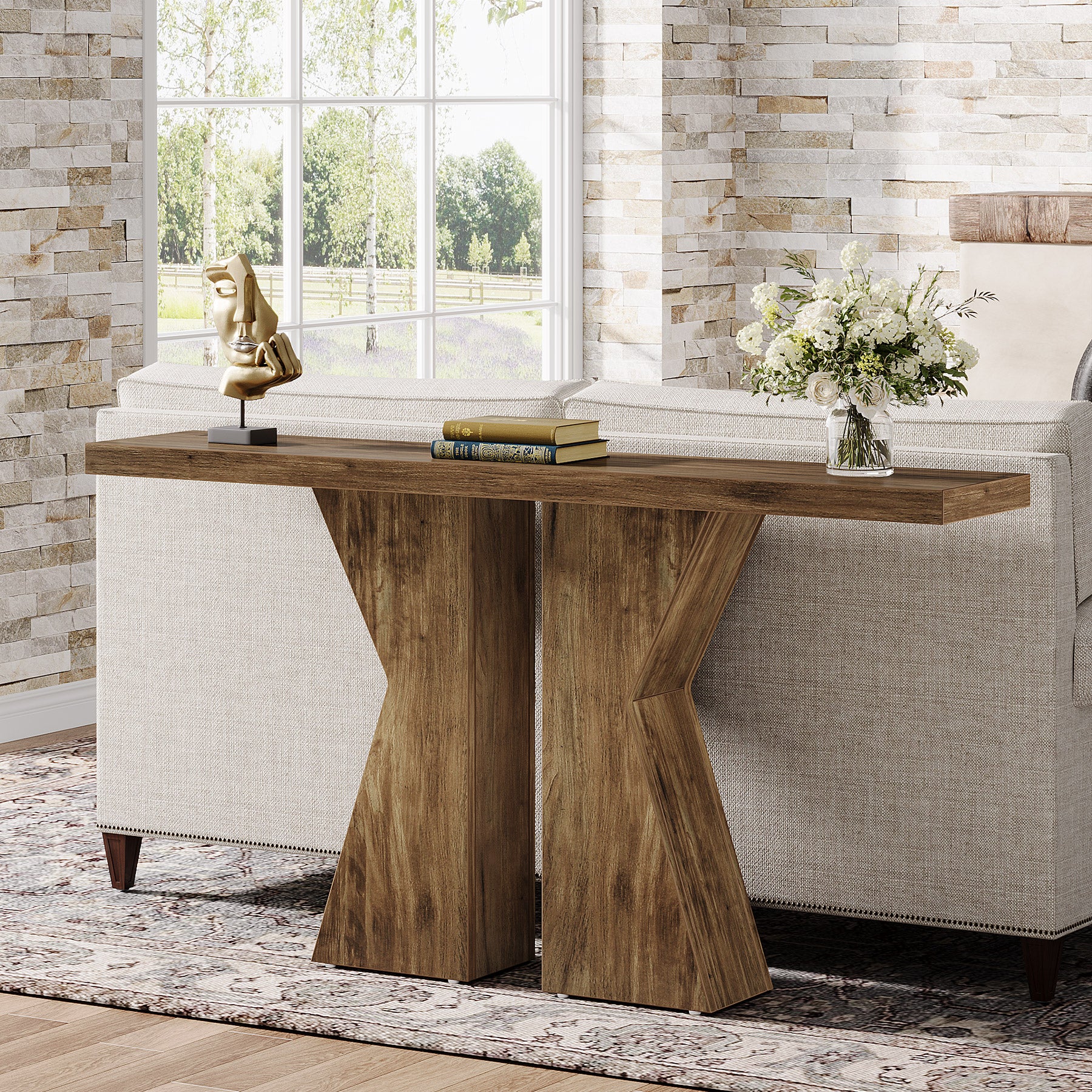 140 cm Console Table, Farmhouse Entry Table with K-Shaped Legs