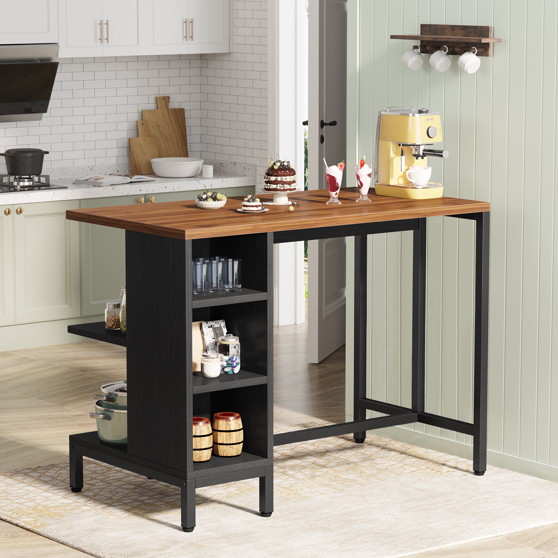 Industrial Kitchen Island, Shelf Bar Table with 5 Open Storage Shelves and Spacious Worktop