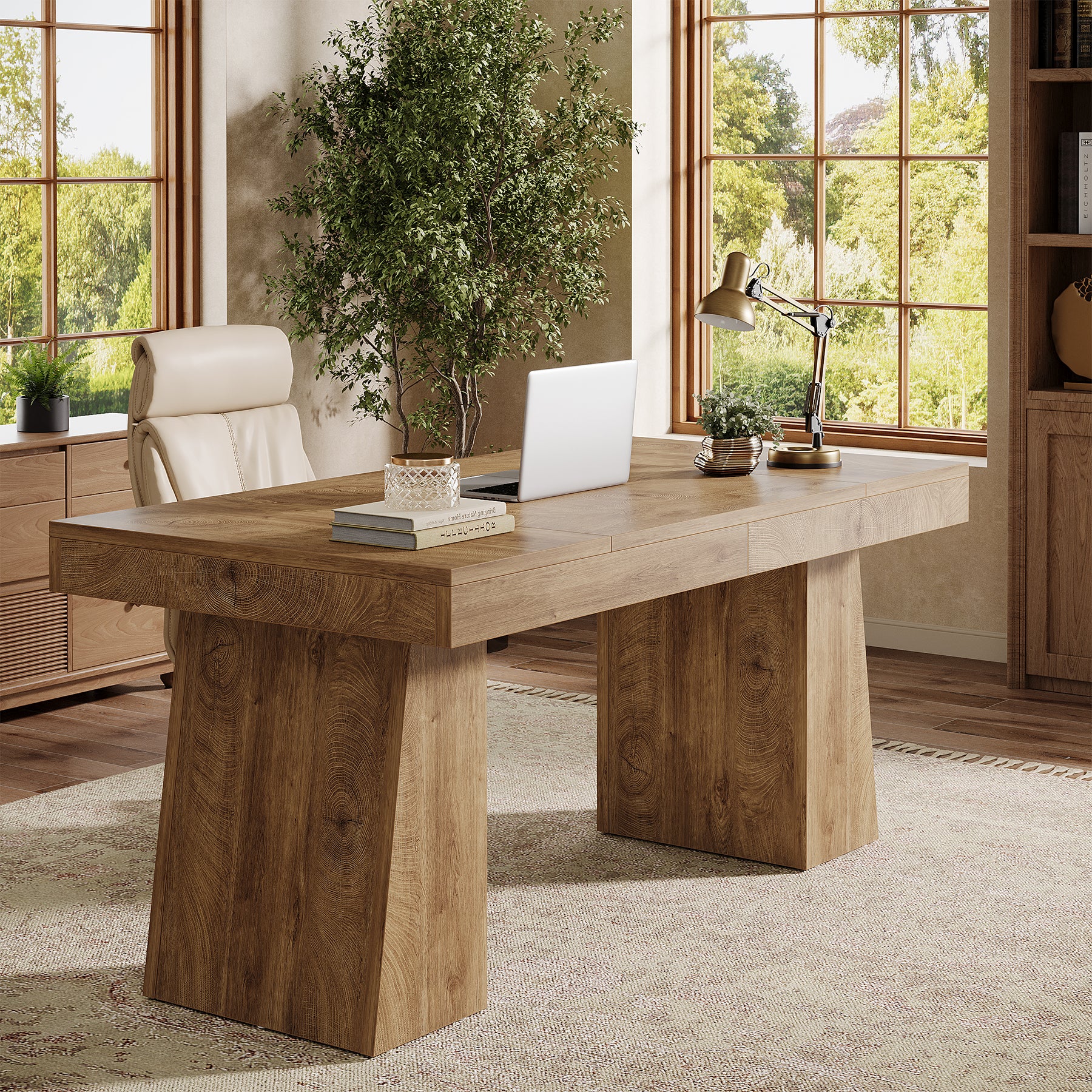140cm Modern Executive Desk with Double Trapezoid Base, Heavy-Duty Computer Desk for Home Office