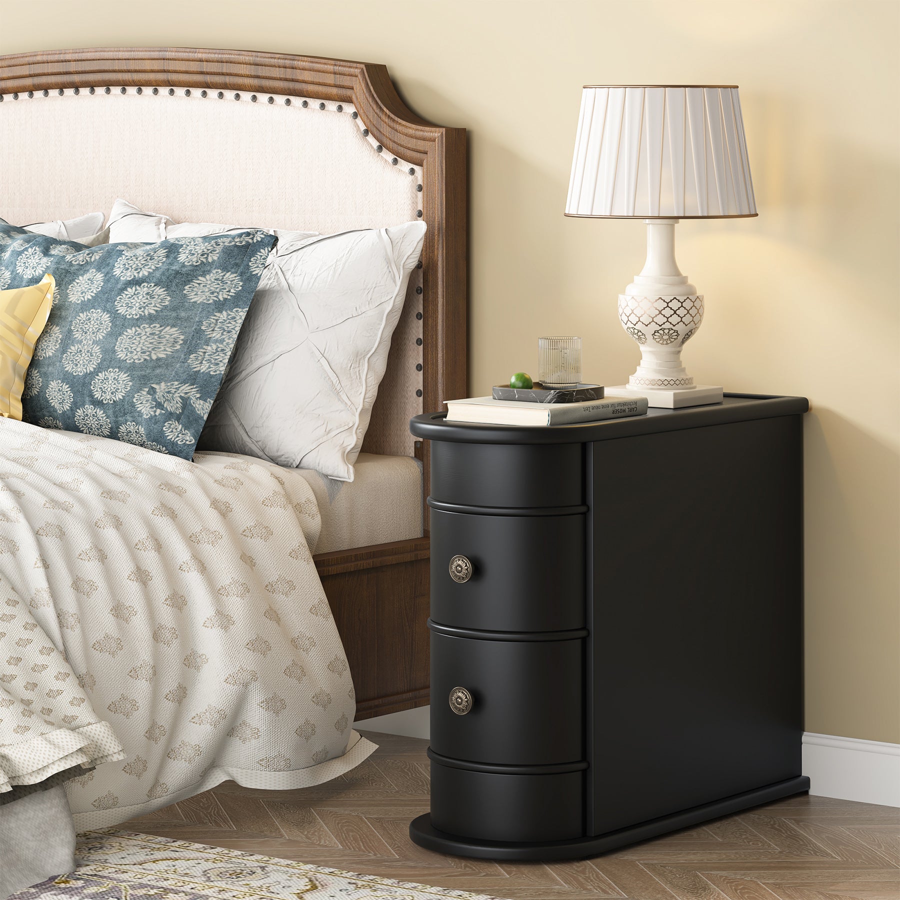 Wood Narrow Side Table with 2 Drawers - Modern Bedside Table