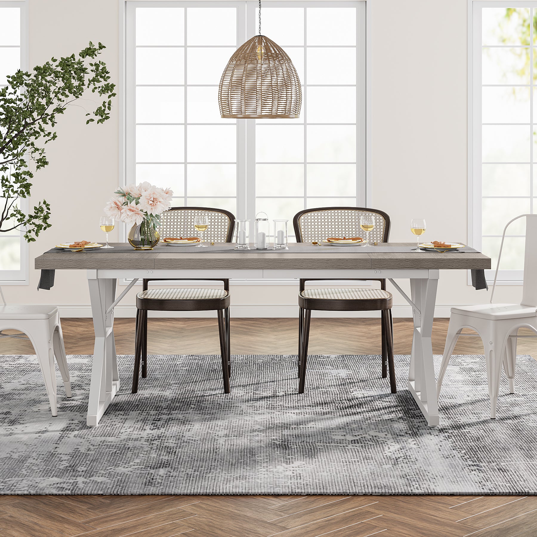 Wood Dining Table, Farmhouse 180cm Kitchen Table for 6 People