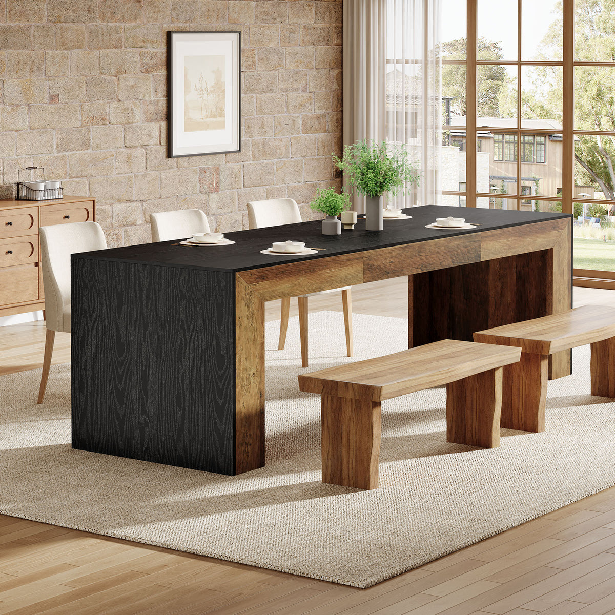 200 cm Dining Table, Rustic Brown and Black Rectangular Kitchen Table