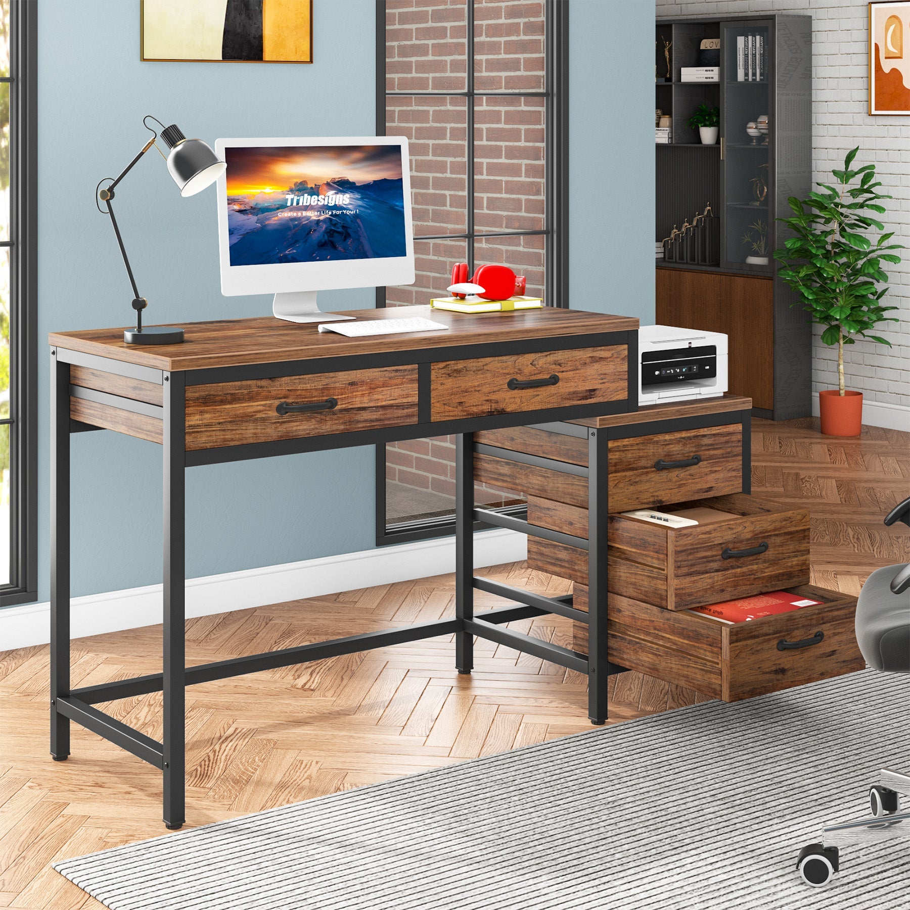 5-Drawer Computer Desk, Study Writing Table with Reversible Drawer Cabinet Tribesigns