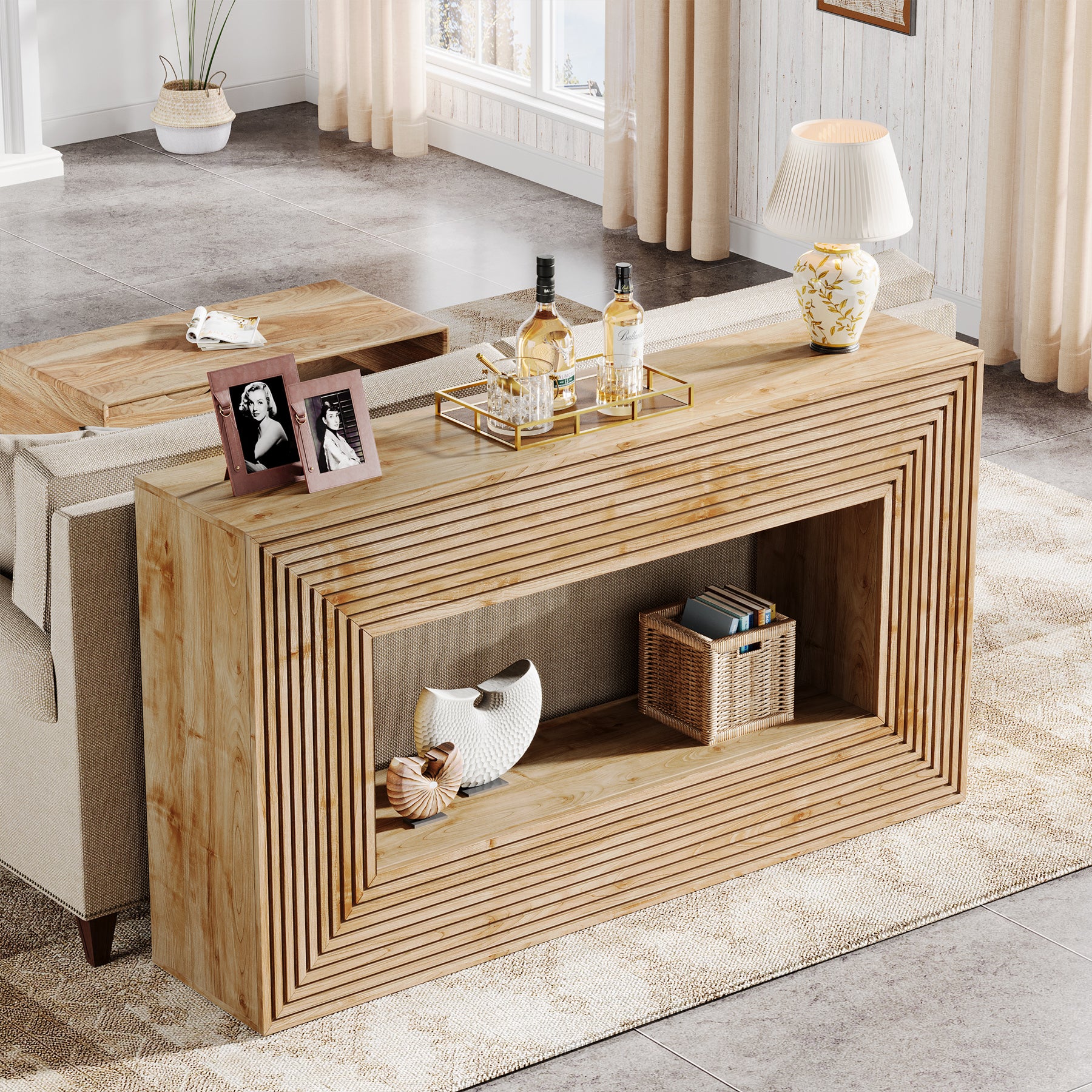 150cm Fluted Farmhouse Console Table with Storage Shelf, Rectangular Wood Sofa Table