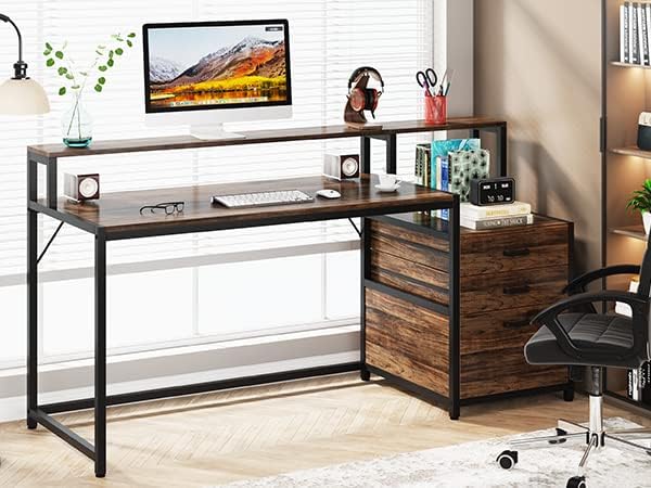 160 CM Computer Desk, Office Desk with Monitor Stand and File Drawer Cabinet