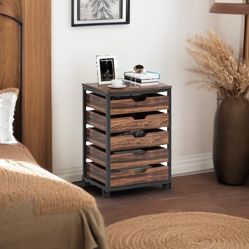 5-Drawer Chest, Industrial Storage Drawer Dresser Cabinet with Wheels
