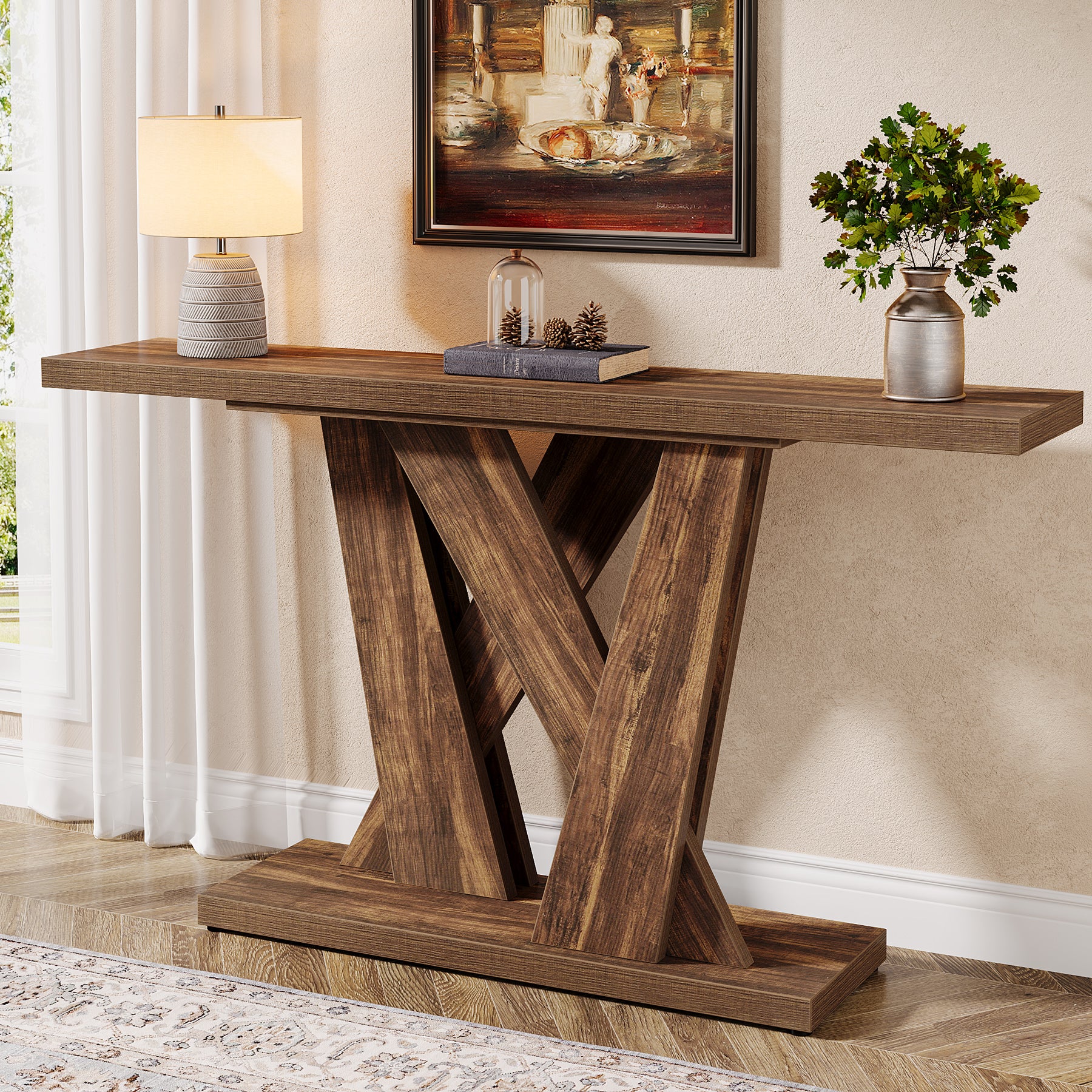 55" Console Table, Farmhouse Entryway Table With Geometric Base