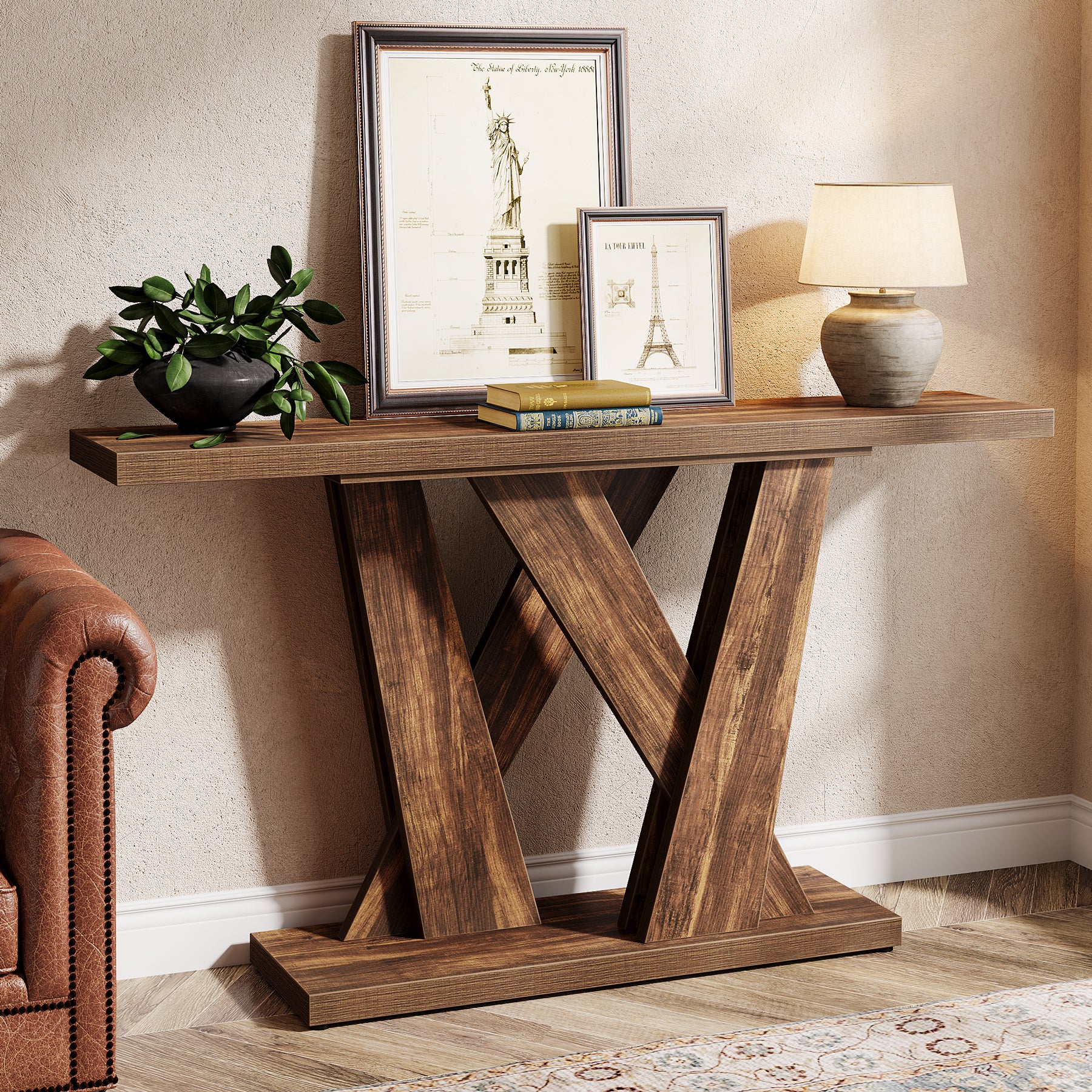 55" Console Table, Farmhouse Entryway Table With Geometric Base