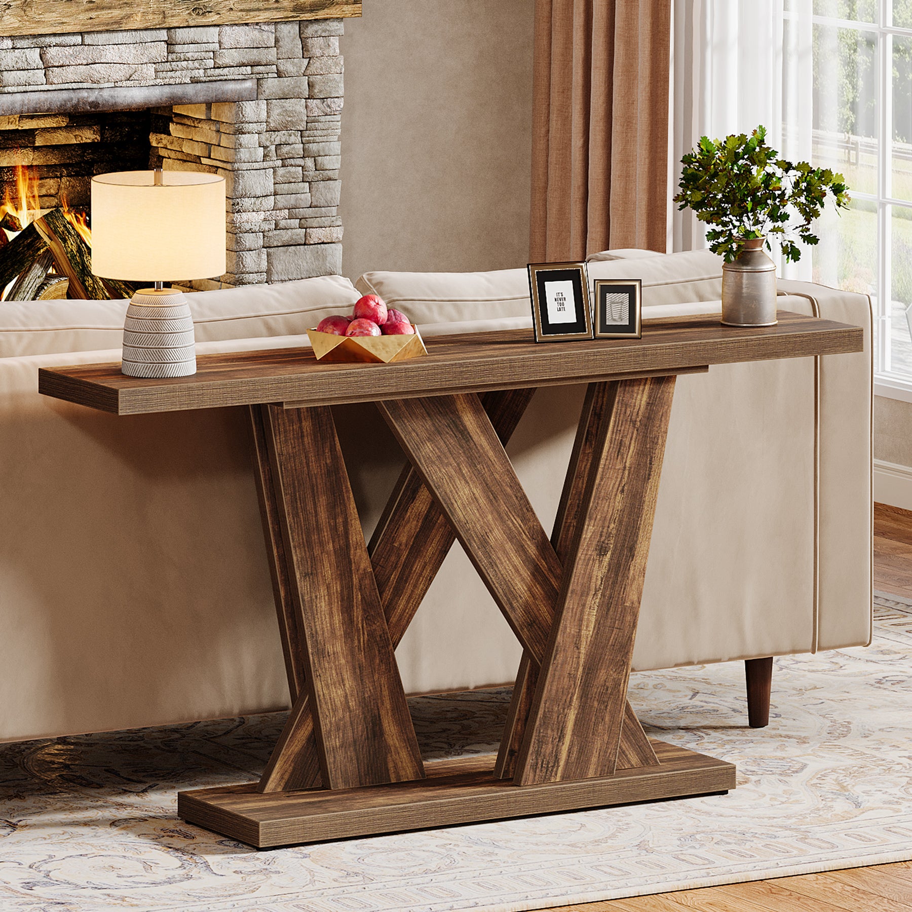 55" Console Table, Farmhouse Entryway Table With Geometric Base