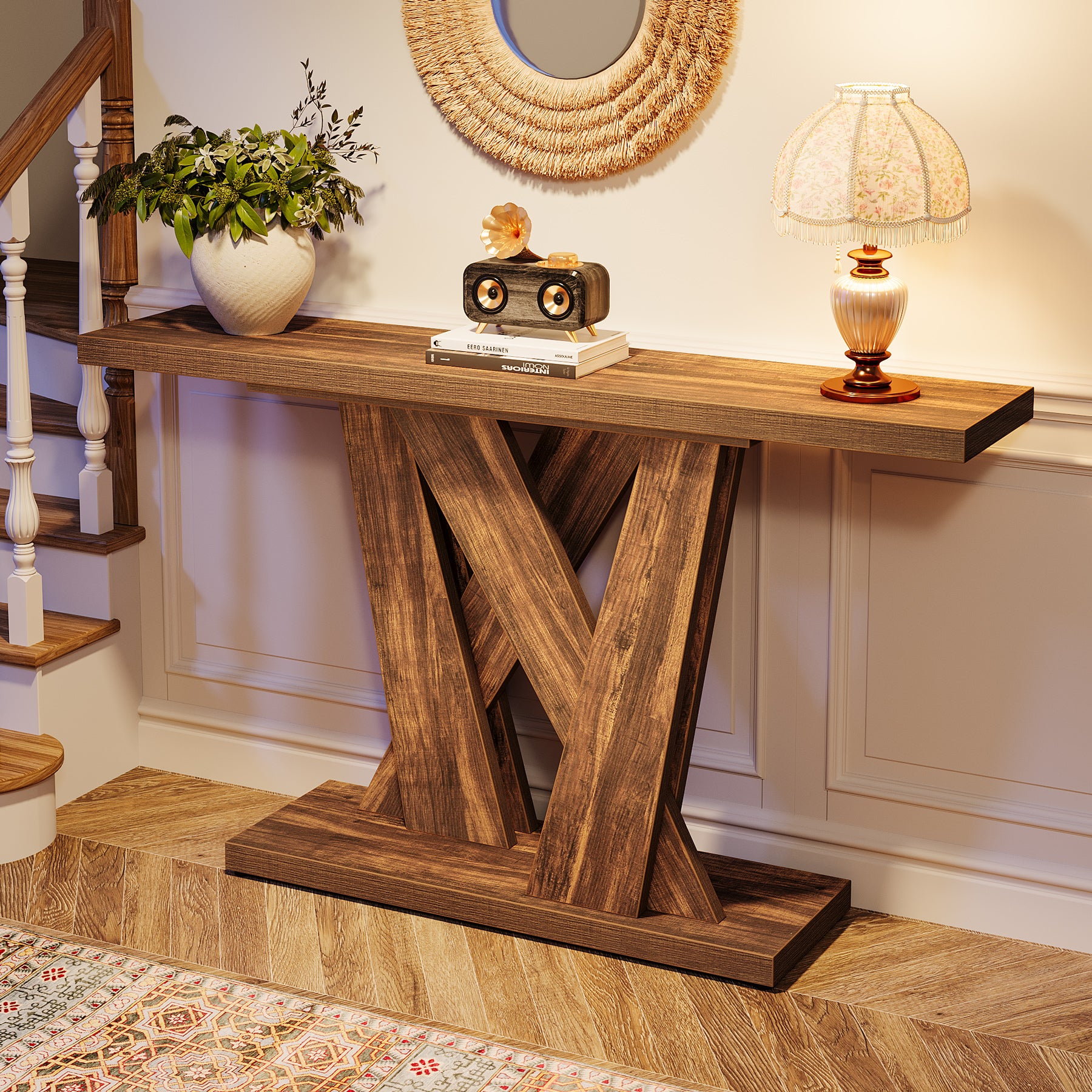 55" Console Table, Farmhouse Entryway Table With Geometric Base