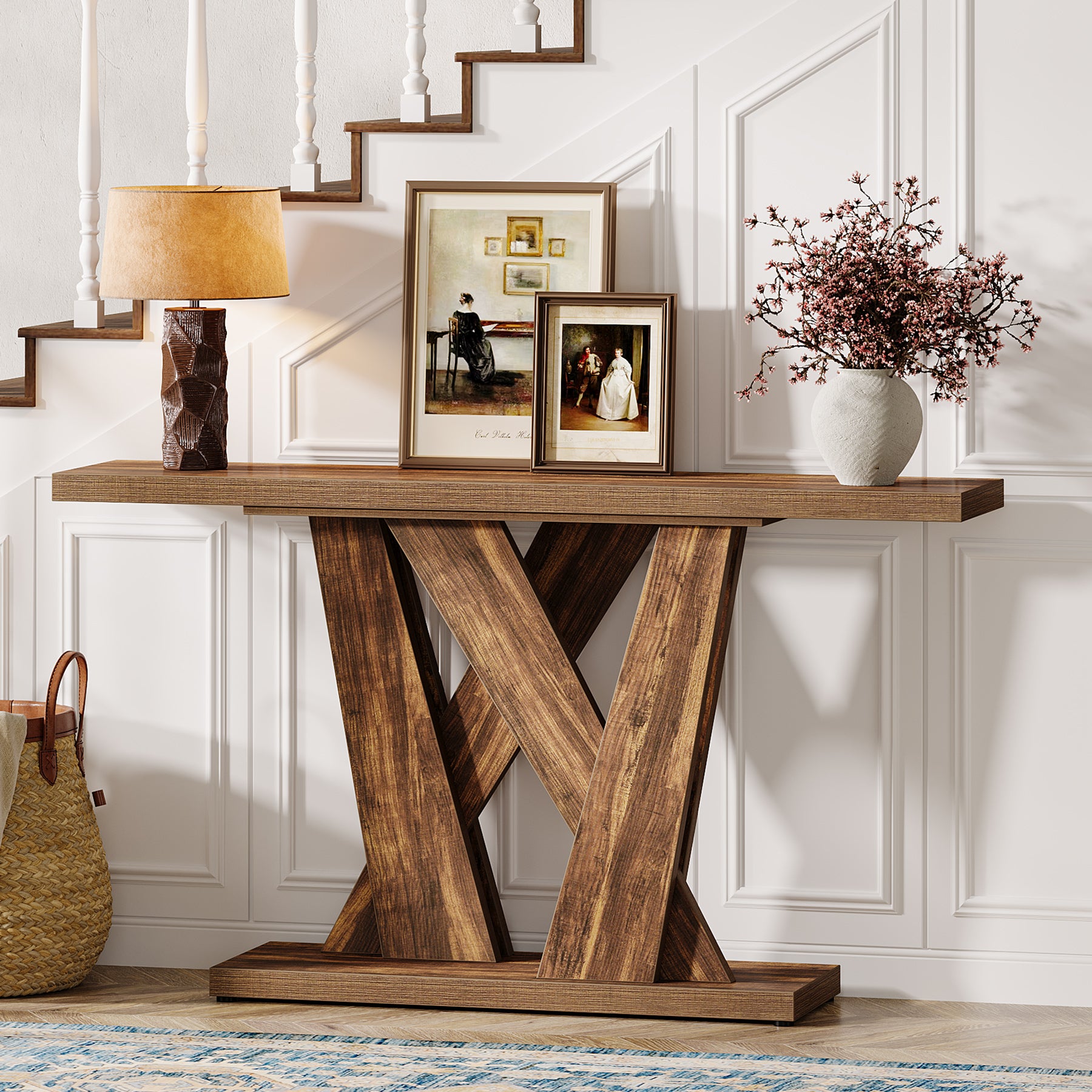 55" Console Table, Farmhouse Entryway Table With Geometric Base
