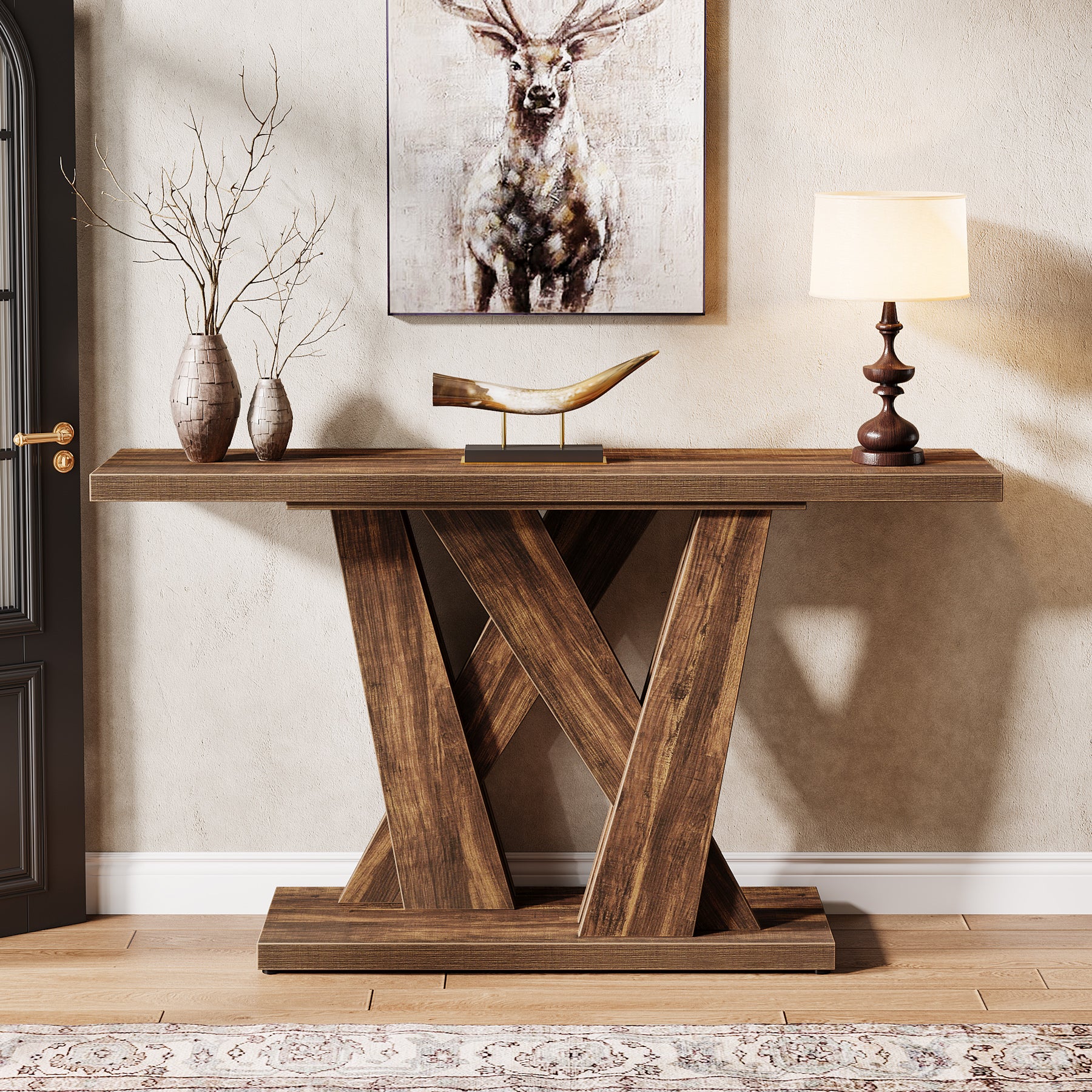 55" Console Table, Farmhouse Entryway Table With Geometric Base