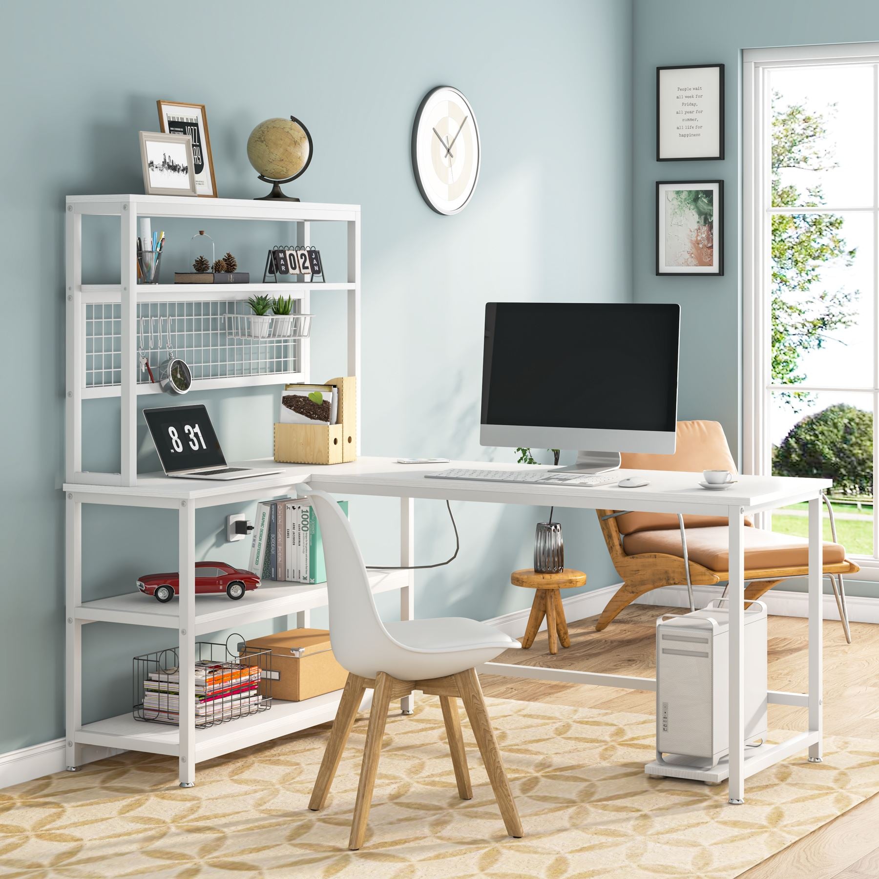 55" Reversible L-Shaped Desk with Wireless Charging & Shelves