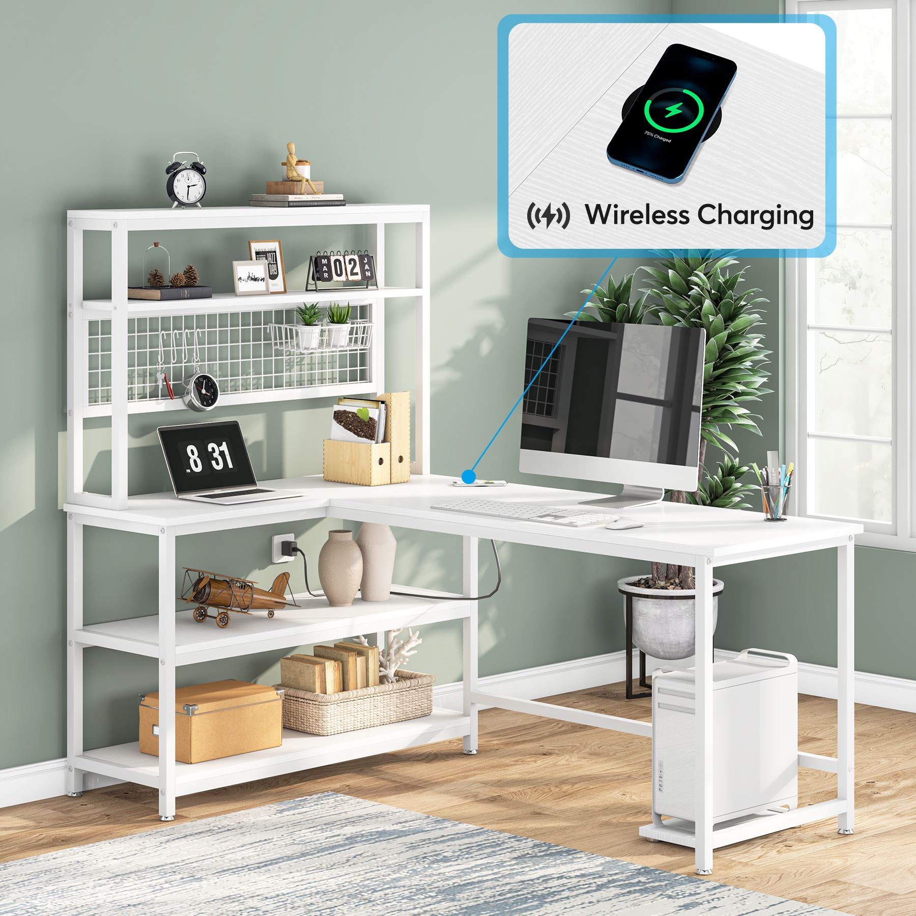 55" Reversible L-Shaped Desk with Wireless Charging & Shelves