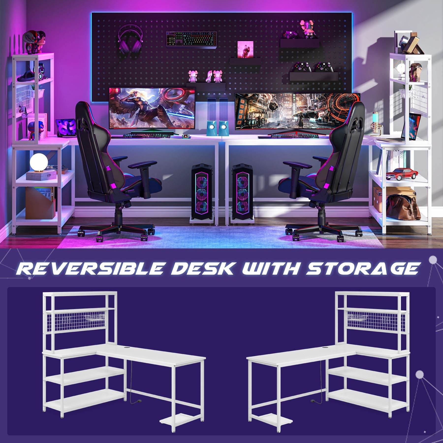 55" Reversible L-Shaped Desk with Wireless Charging & Shelves
