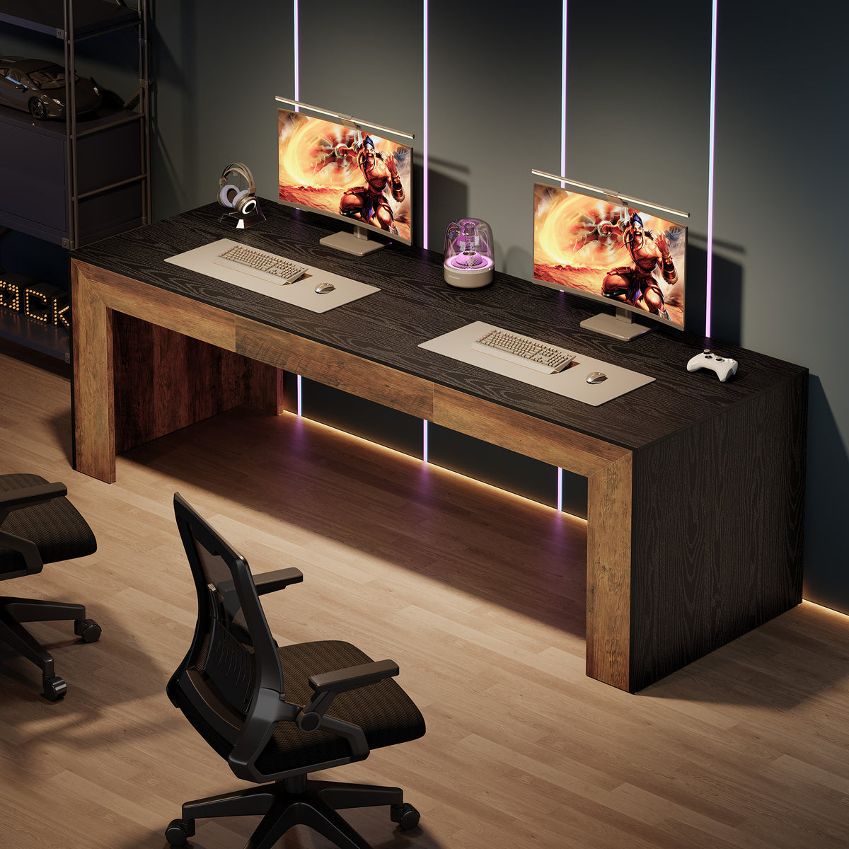 200 cm Office Desk, Rustic Brown and Black Computer Desk