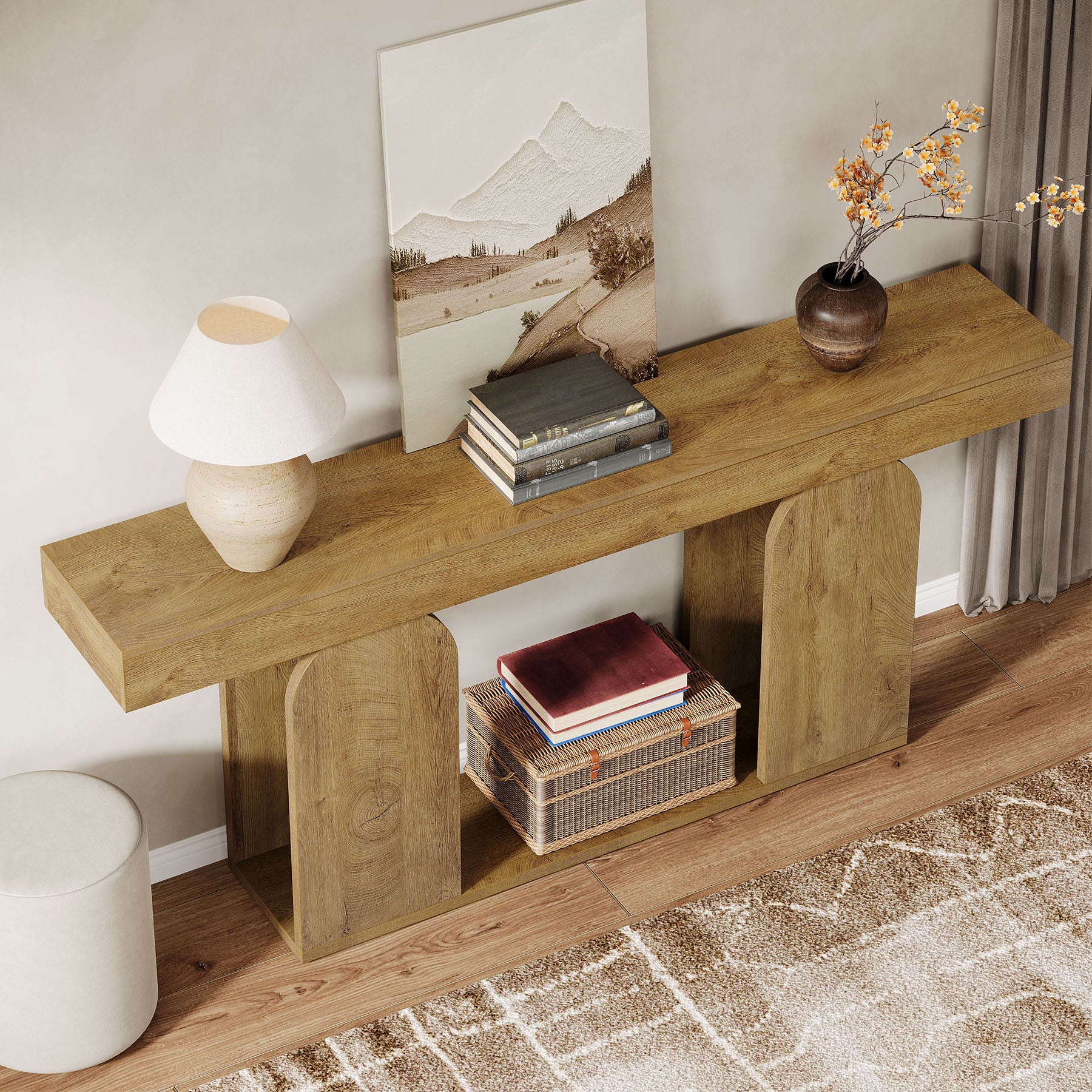 180cm Extra Long Farmhouse Console Table with 2-Tier Storage Shelf, Wooden Entryway & Sofa Table