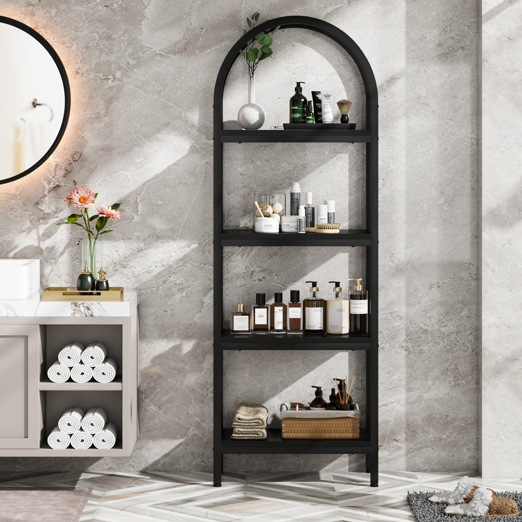 4-Tier Bookshelf, Arched Bookcase Display Rack with Storage Shelves
