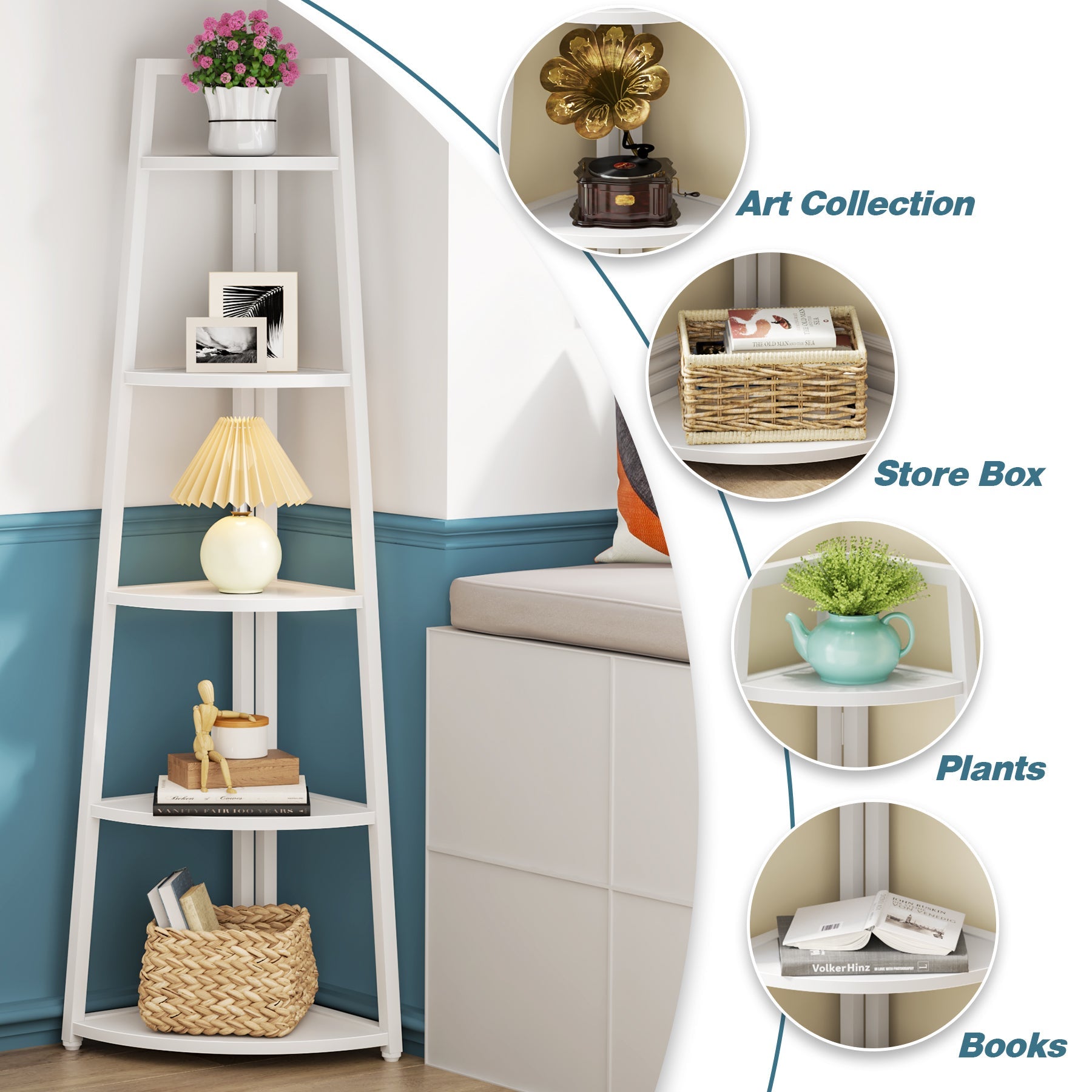 178cm Tall Corner Shelf, 5 Tier Industrial Corner Bookshelf for Living Room, Home Office