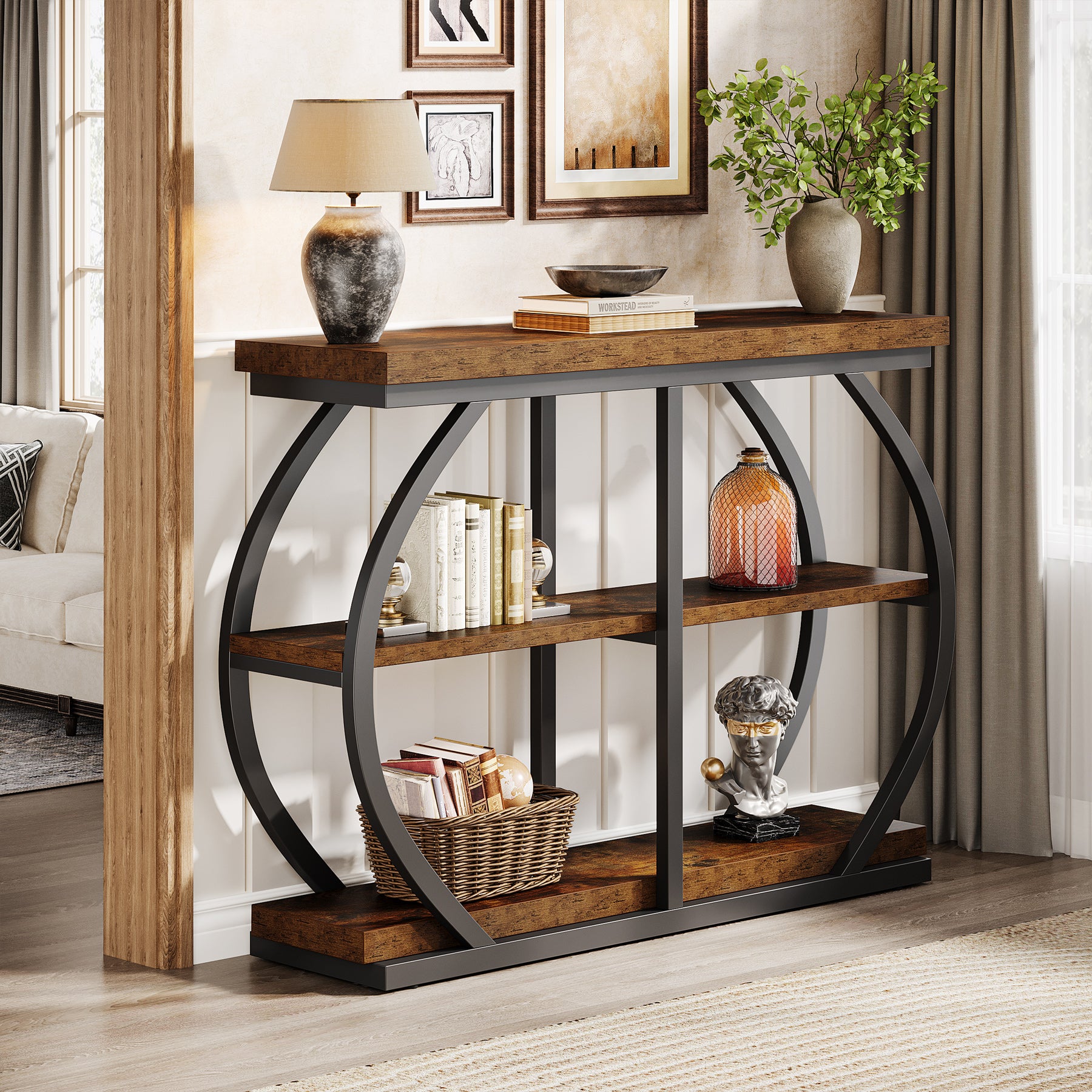 105 cm Industrial 3-Tier Console Table with Metal Frame, Entryway & Hallway Storage Table